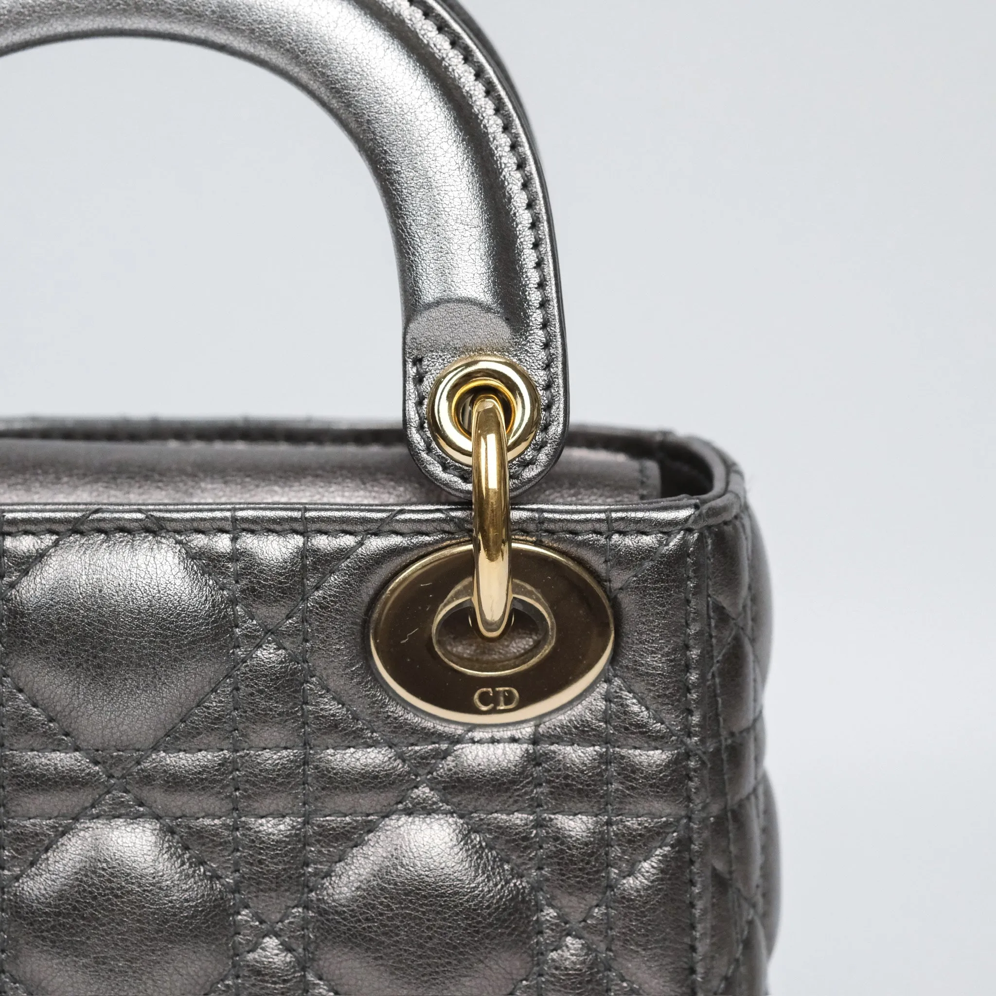 Christian Dior Mini Lady Dior Metallic Dark Grey Lambskin Cannage Gold Hardware