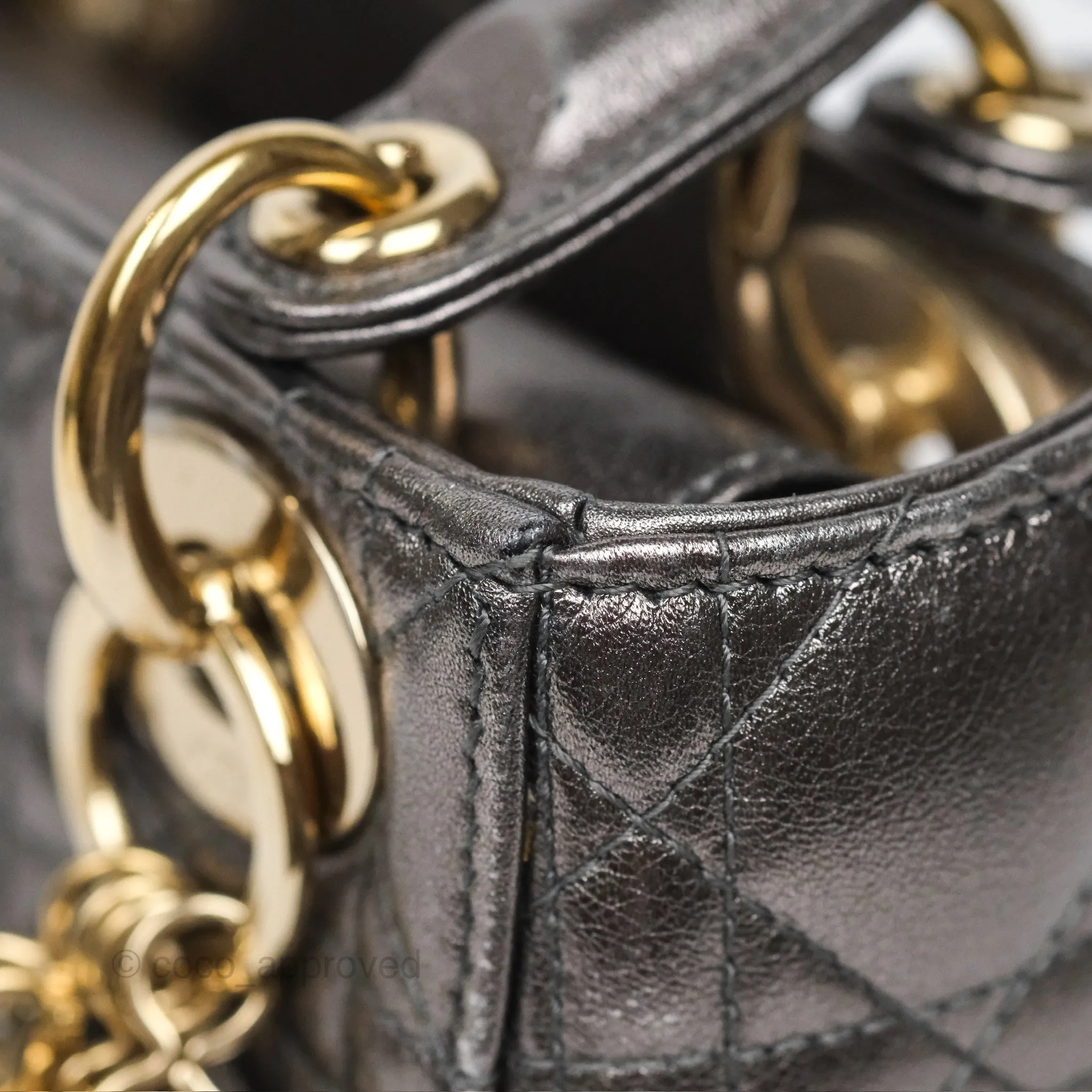Christian Dior Mini Lady Dior Metallic Dark Grey Lambskin Cannage Gold Hardware