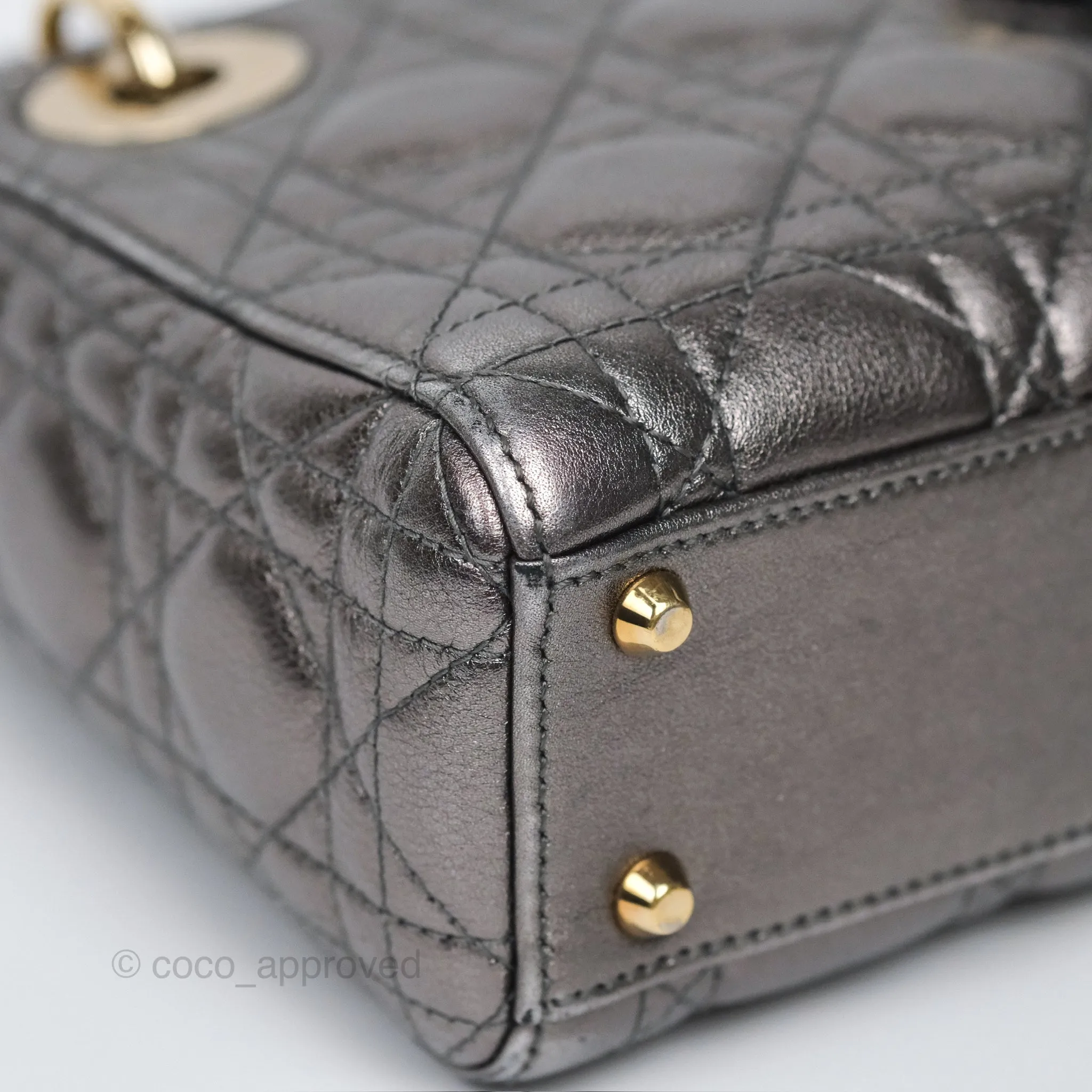 Christian Dior Mini Lady Dior Metallic Dark Grey Lambskin Cannage Gold Hardware