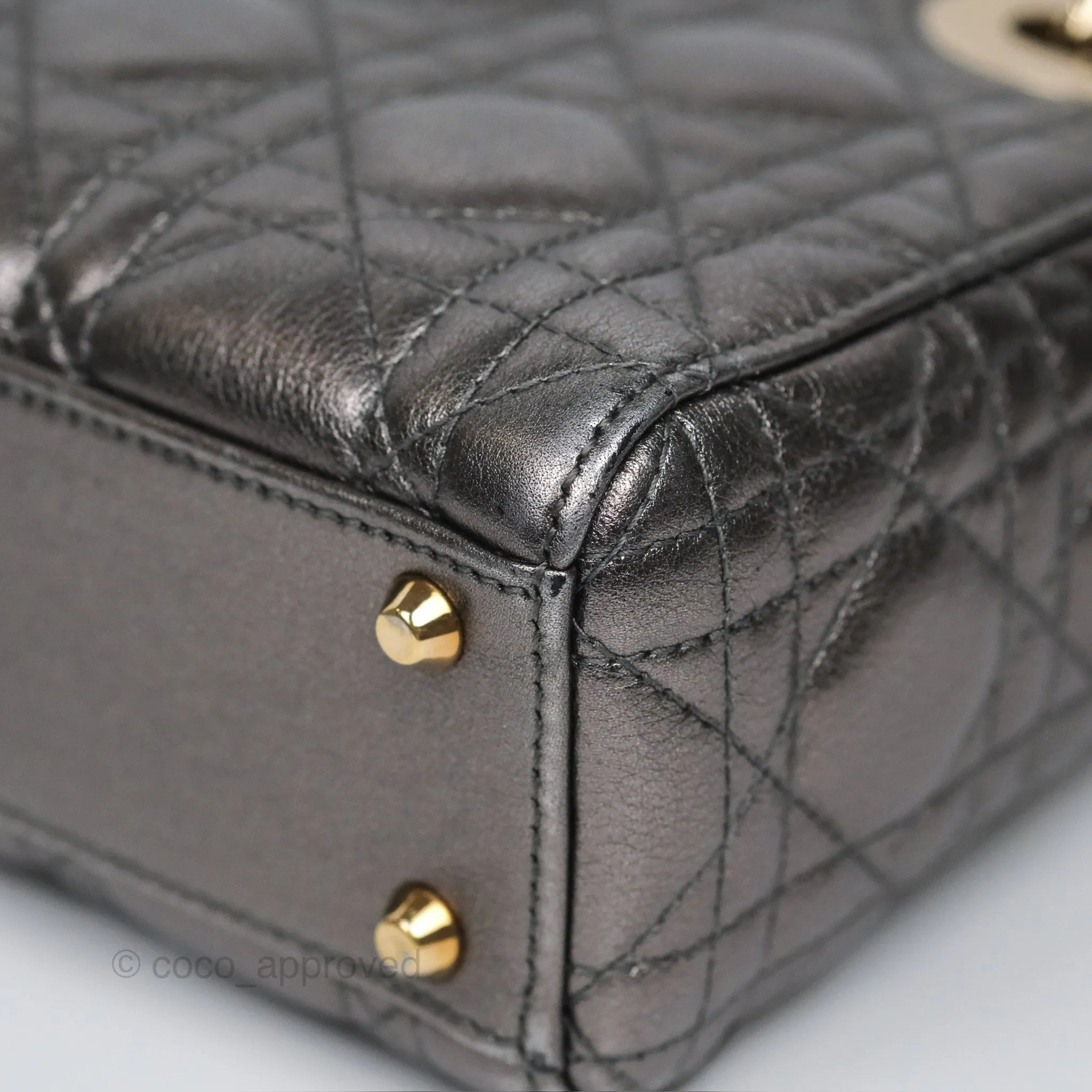 Christian Dior Mini Lady Dior Metallic Dark Grey Lambskin Cannage Gold Hardware