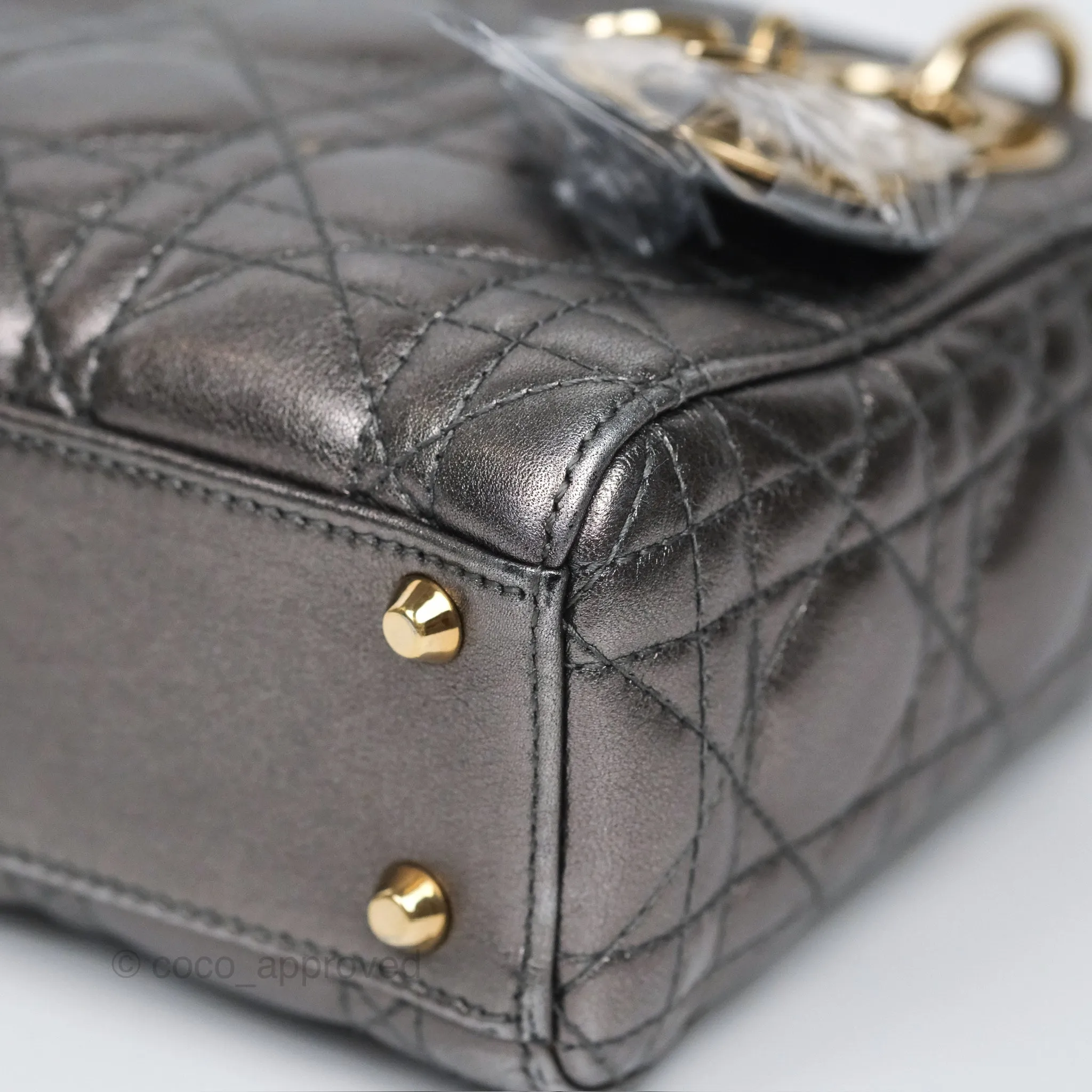 Christian Dior Mini Lady Dior Metallic Dark Grey Lambskin Cannage Gold Hardware