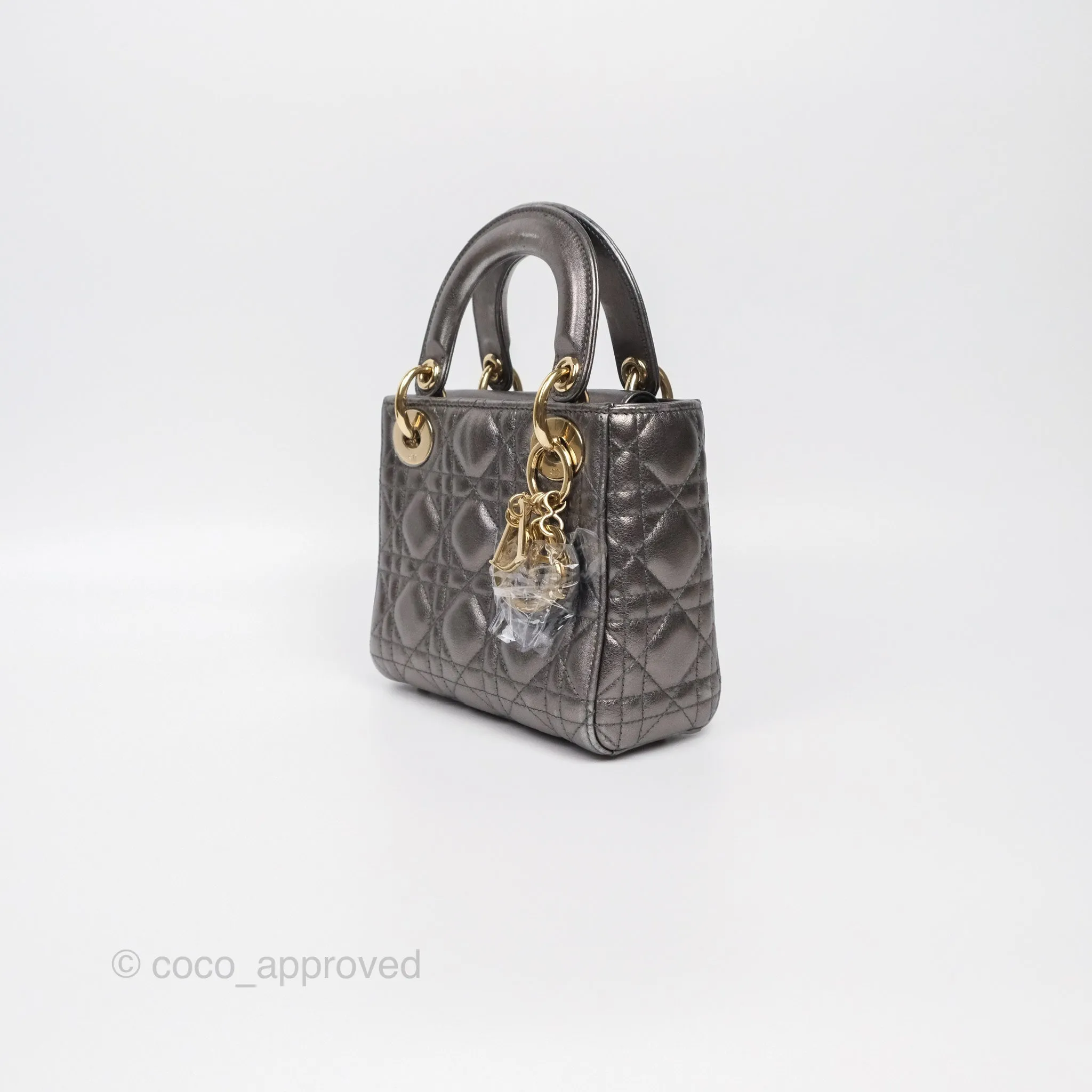 Christian Dior Mini Lady Dior Metallic Dark Grey Lambskin Cannage Gold Hardware