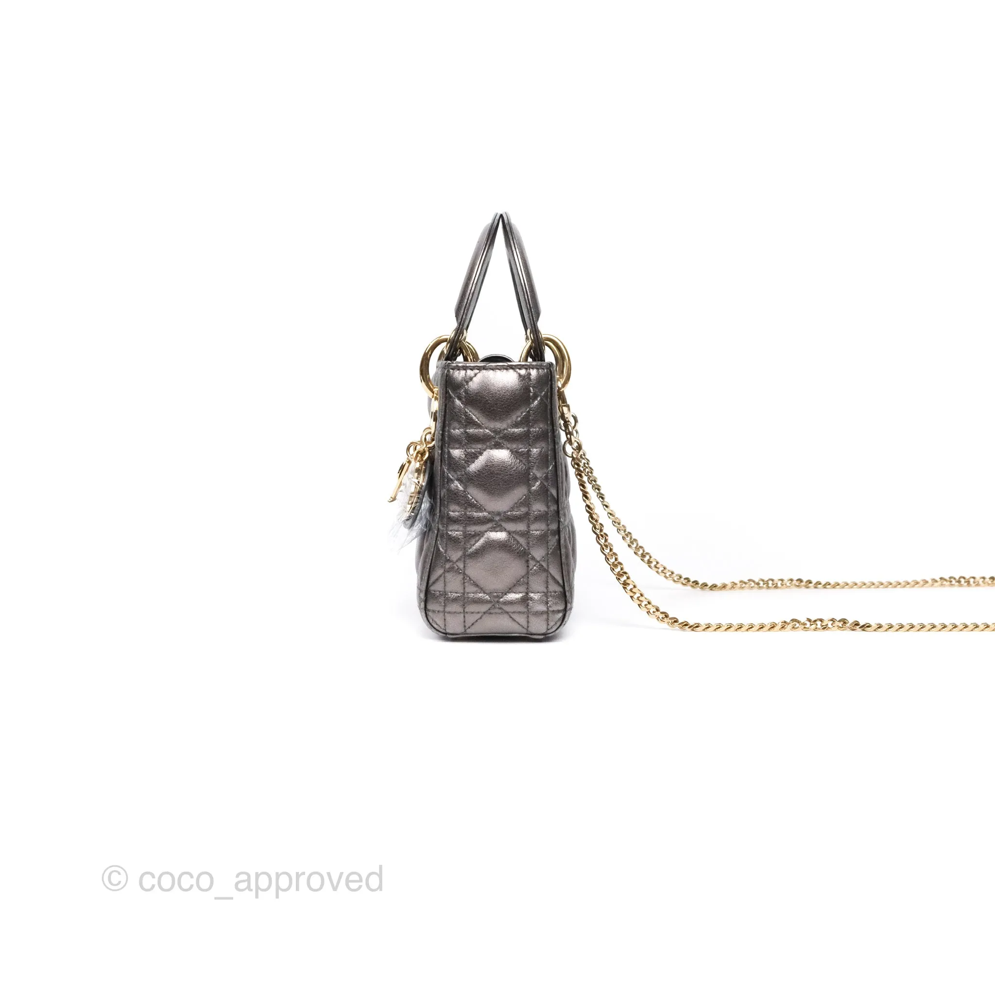Christian Dior Mini Lady Dior Metallic Dark Grey Lambskin Cannage Gold Hardware