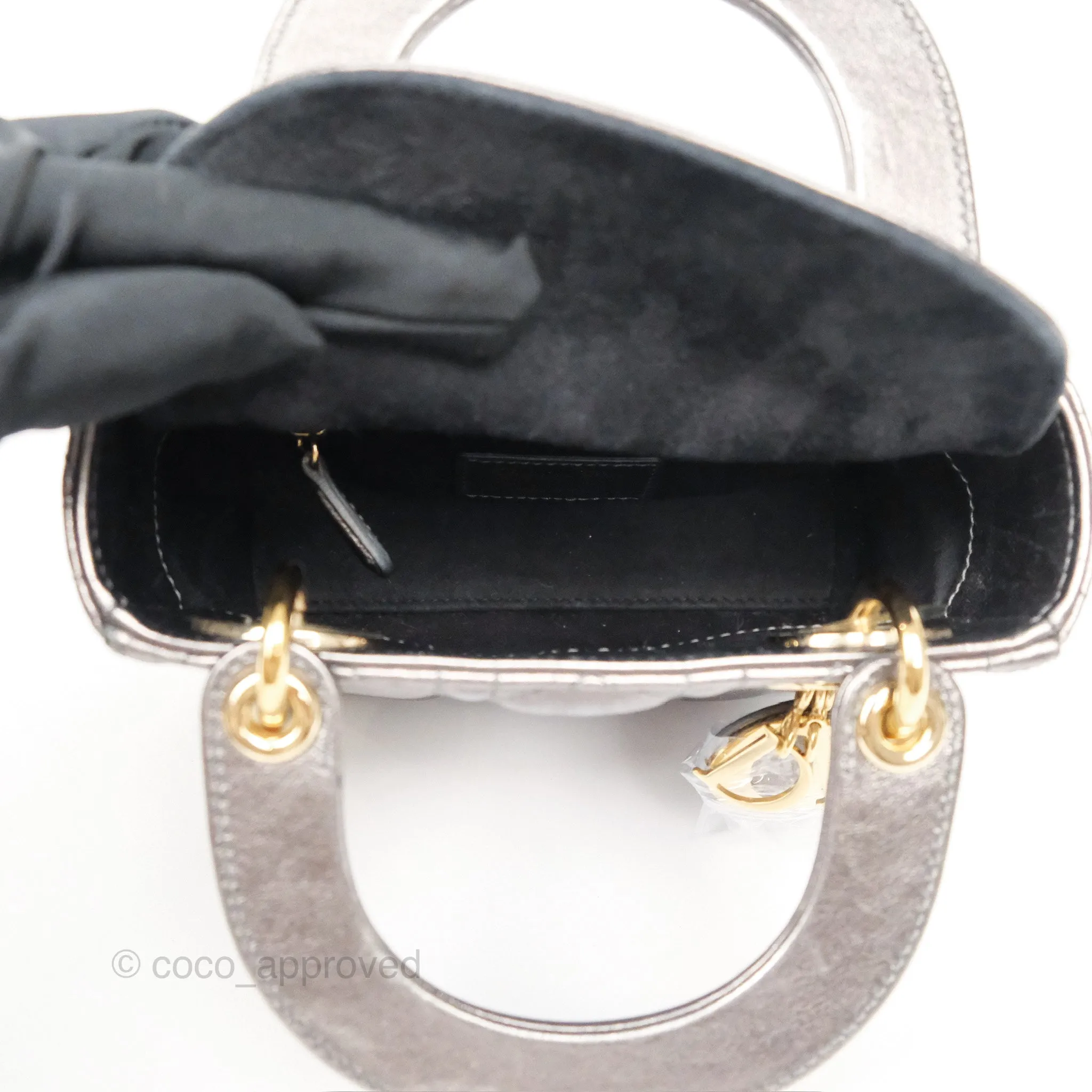 Christian Dior Mini Lady Dior Metallic Dark Grey Lambskin Cannage Gold Hardware
