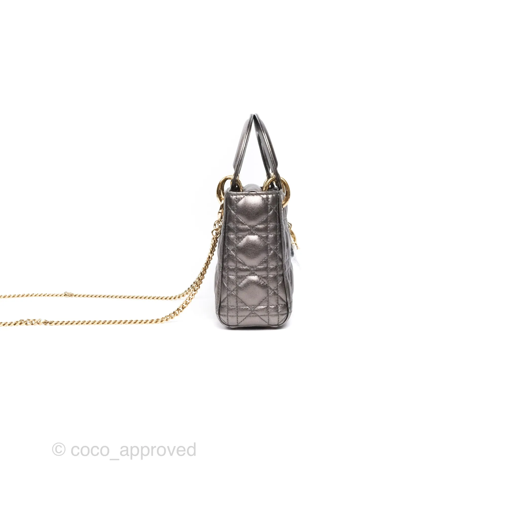 Christian Dior Mini Lady Dior Metallic Dark Grey Lambskin Cannage Gold Hardware