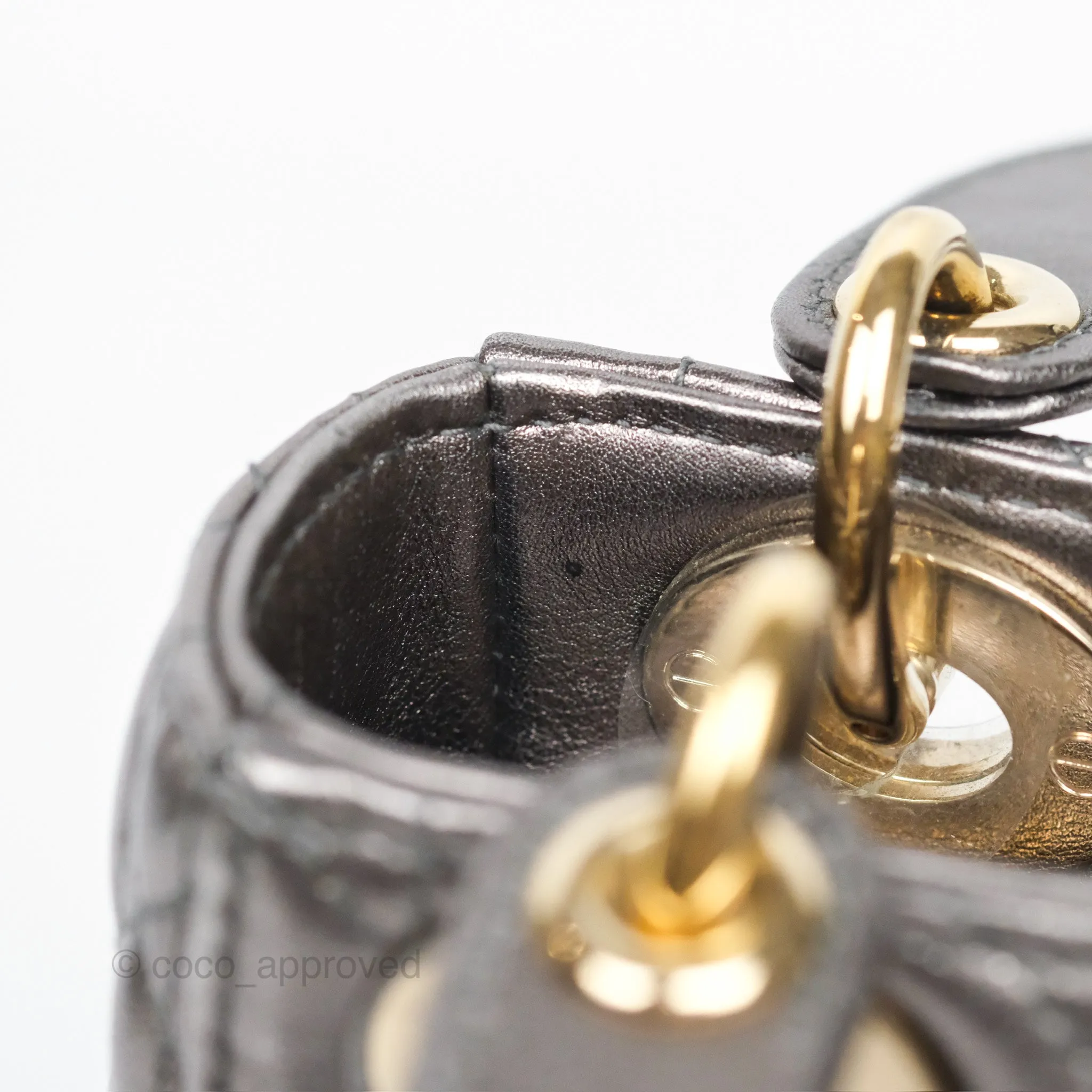 Christian Dior Mini Lady Dior Metallic Dark Grey Lambskin Cannage Gold Hardware
