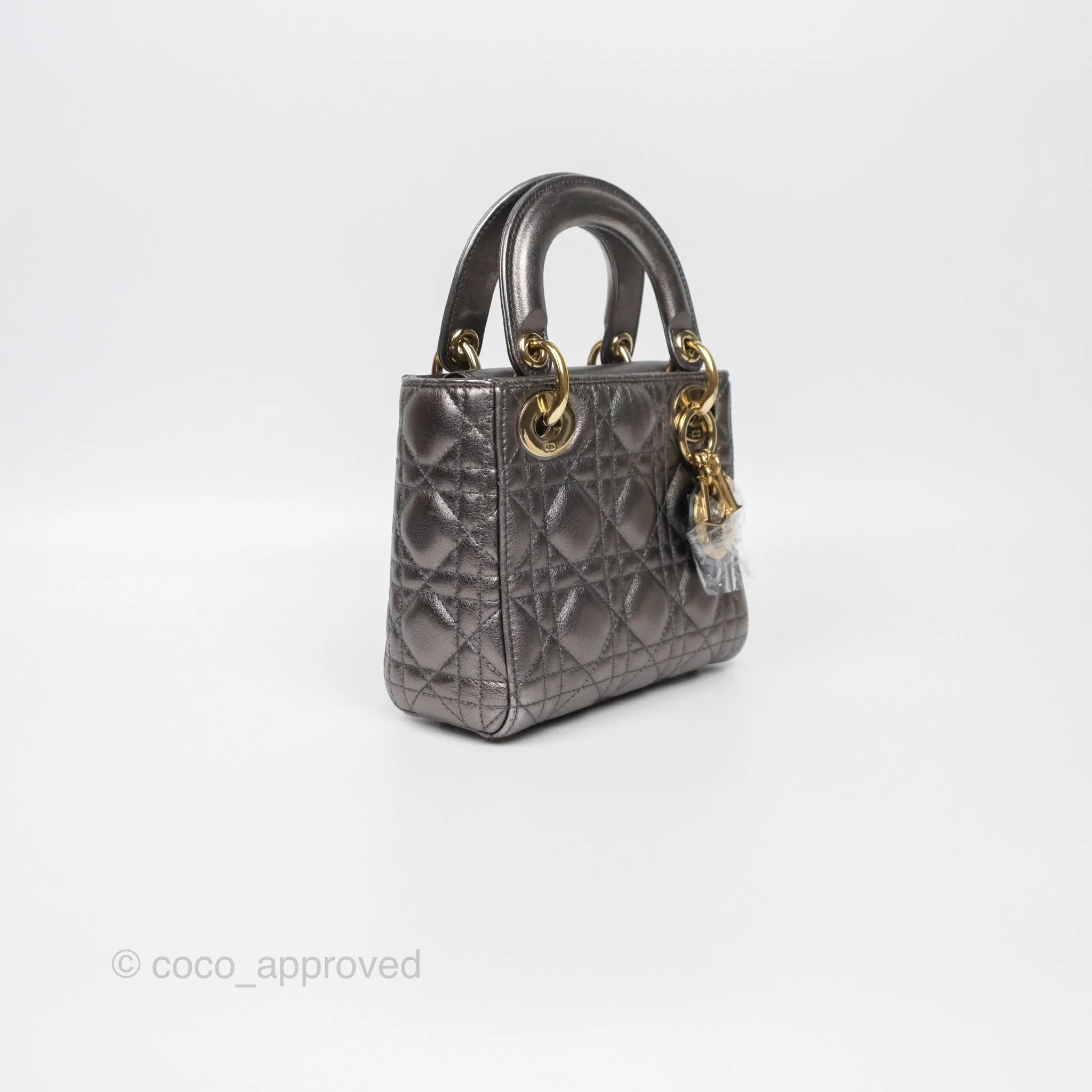 Christian Dior Mini Lady Dior Metallic Dark Grey Lambskin Cannage Gold Hardware