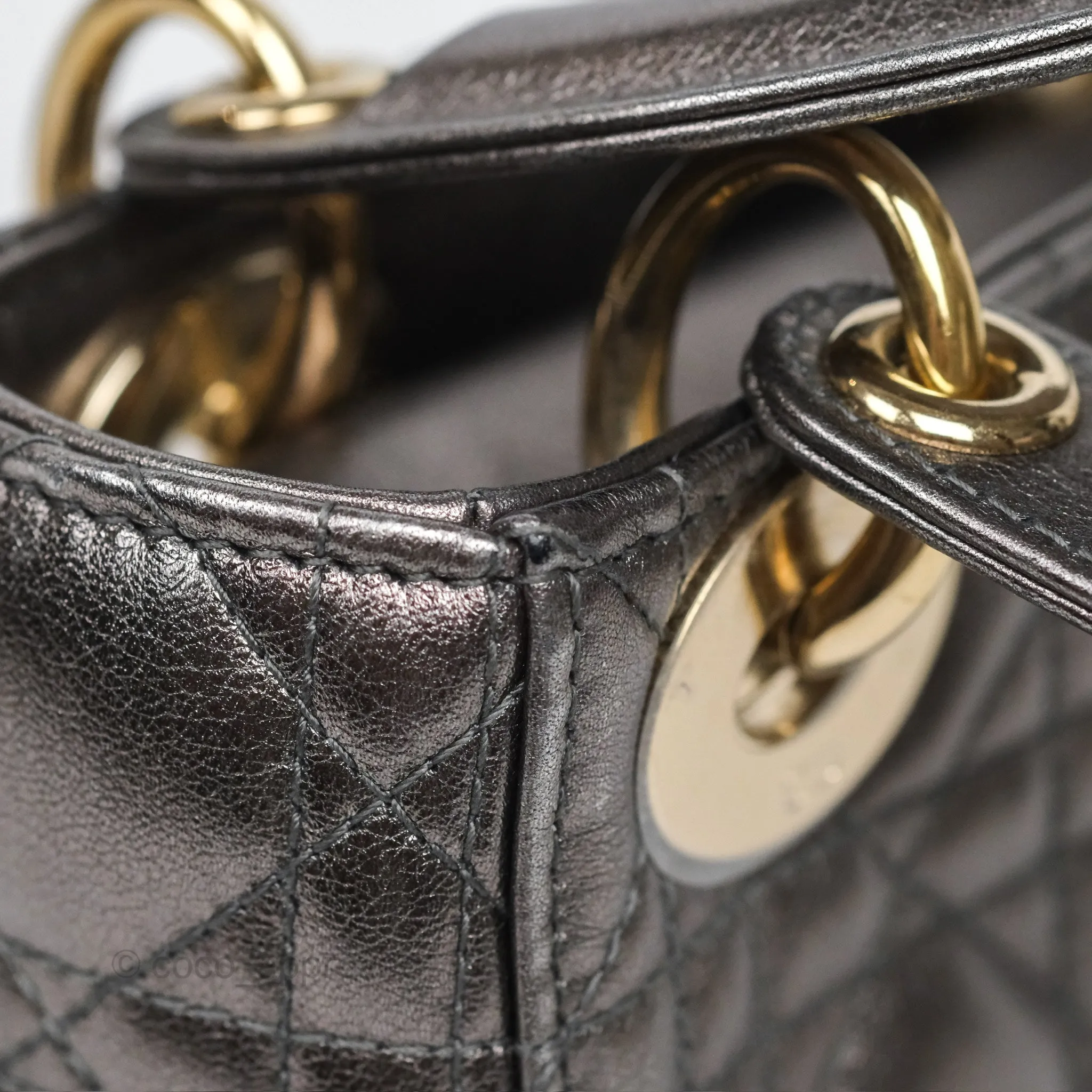 Christian Dior Mini Lady Dior Metallic Dark Grey Lambskin Cannage Gold Hardware