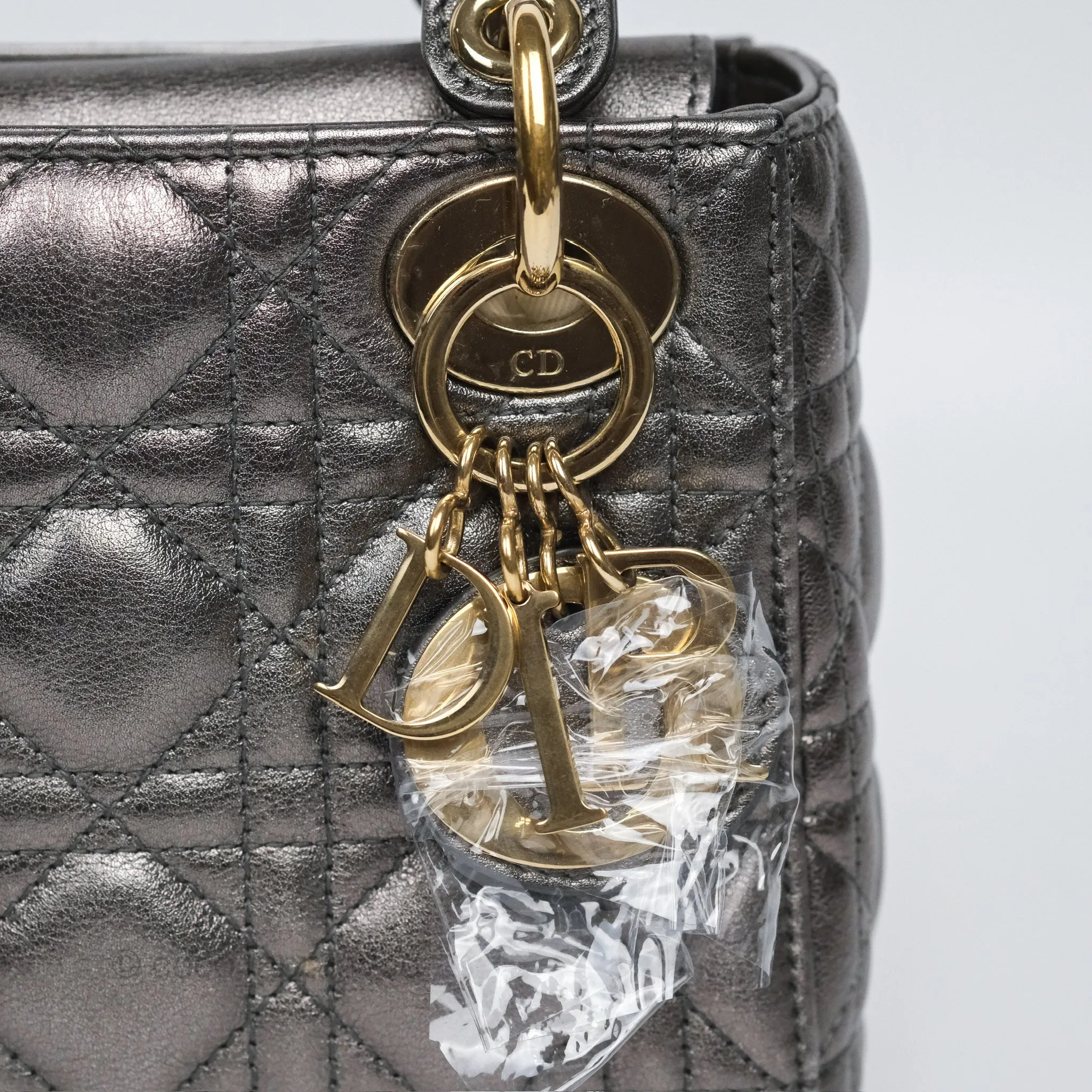 Christian Dior Mini Lady Dior Metallic Dark Grey Lambskin Cannage Gold Hardware