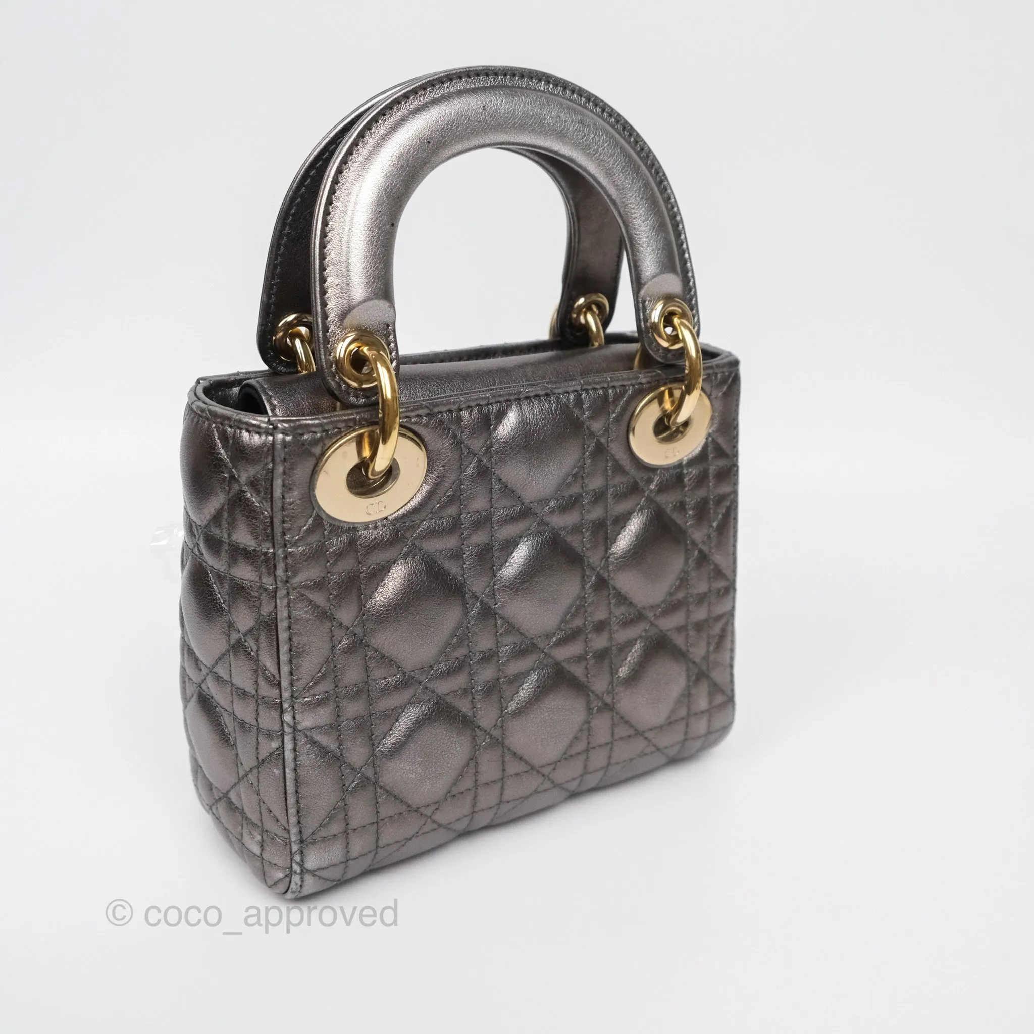 Christian Dior Mini Lady Dior Metallic Dark Grey Lambskin Cannage Gold Hardware