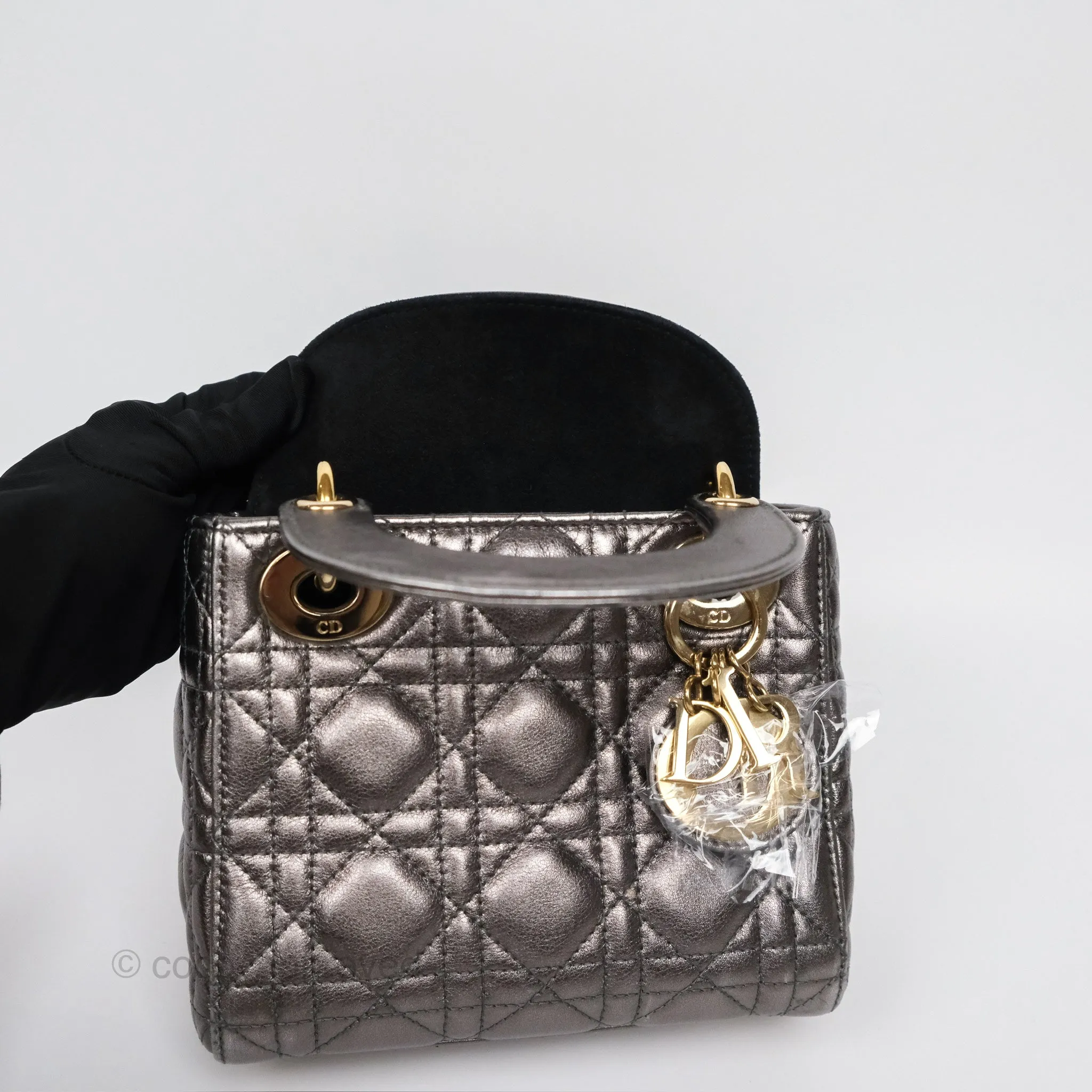 Christian Dior Mini Lady Dior Metallic Dark Grey Lambskin Cannage Gold Hardware