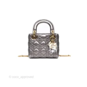 Christian Dior Mini Lady Dior Metallic Dark Grey Lambskin Cannage Gold Hardware