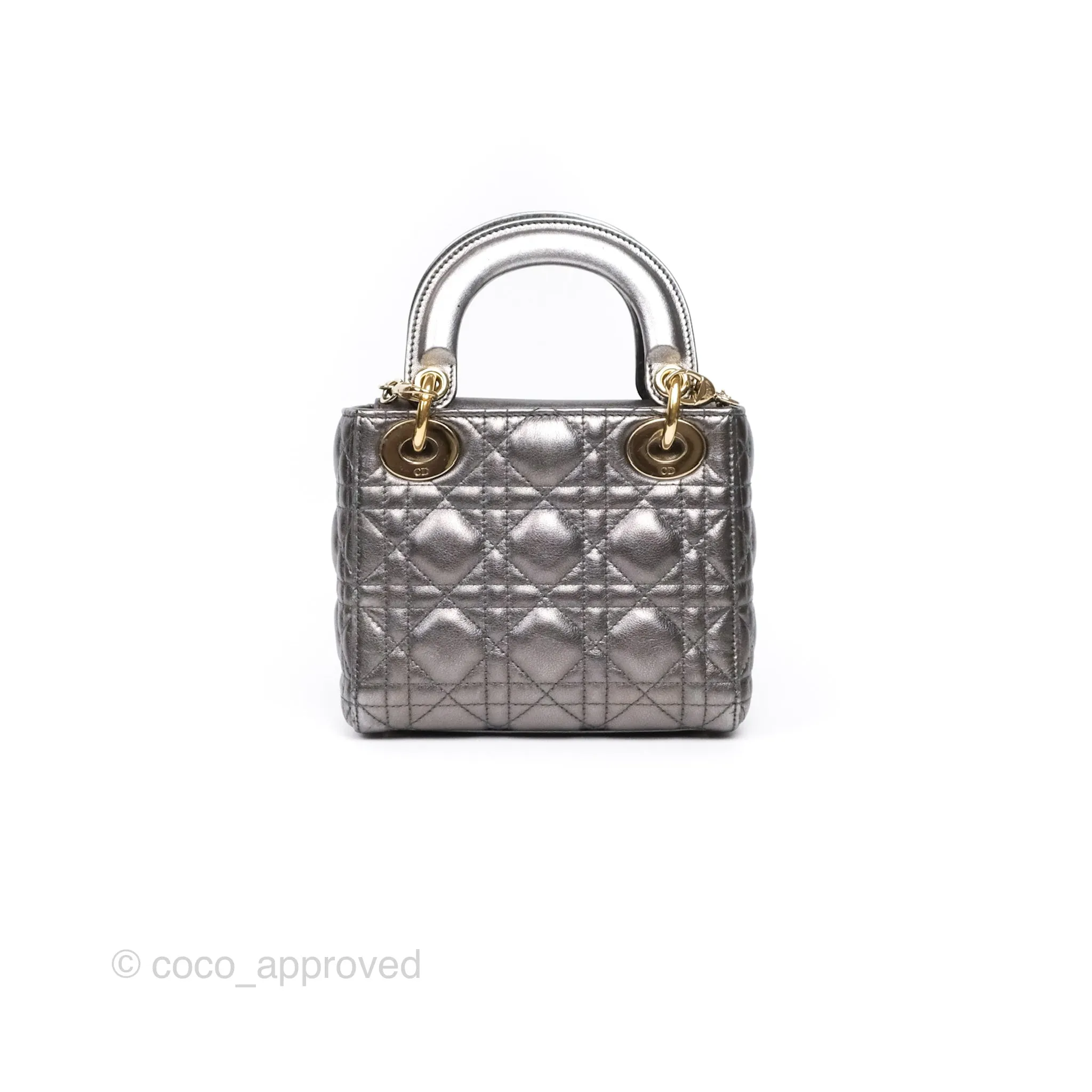 Christian Dior Mini Lady Dior Metallic Dark Grey Lambskin Cannage Gold Hardware