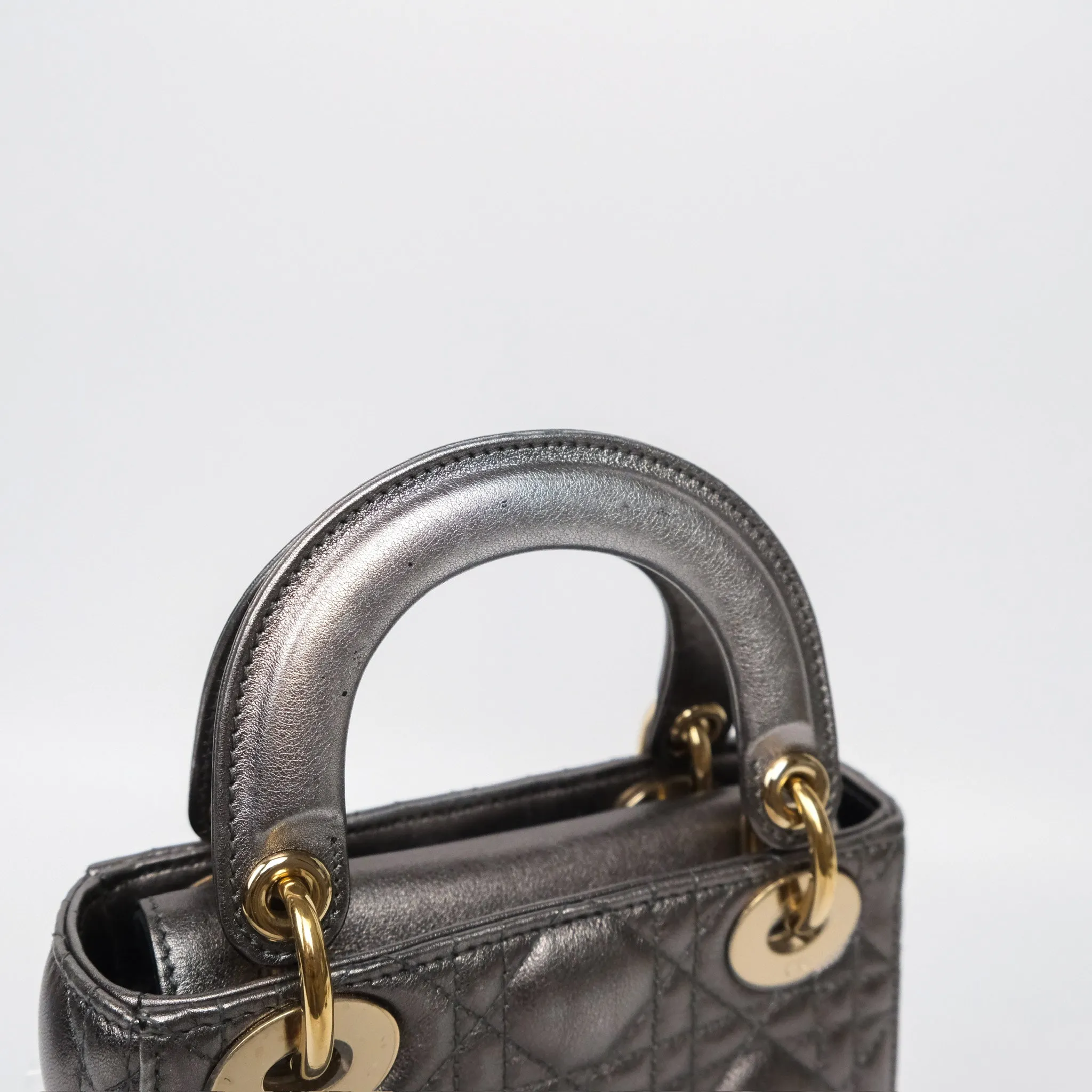 Christian Dior Mini Lady Dior Metallic Dark Grey Lambskin Cannage Gold Hardware
