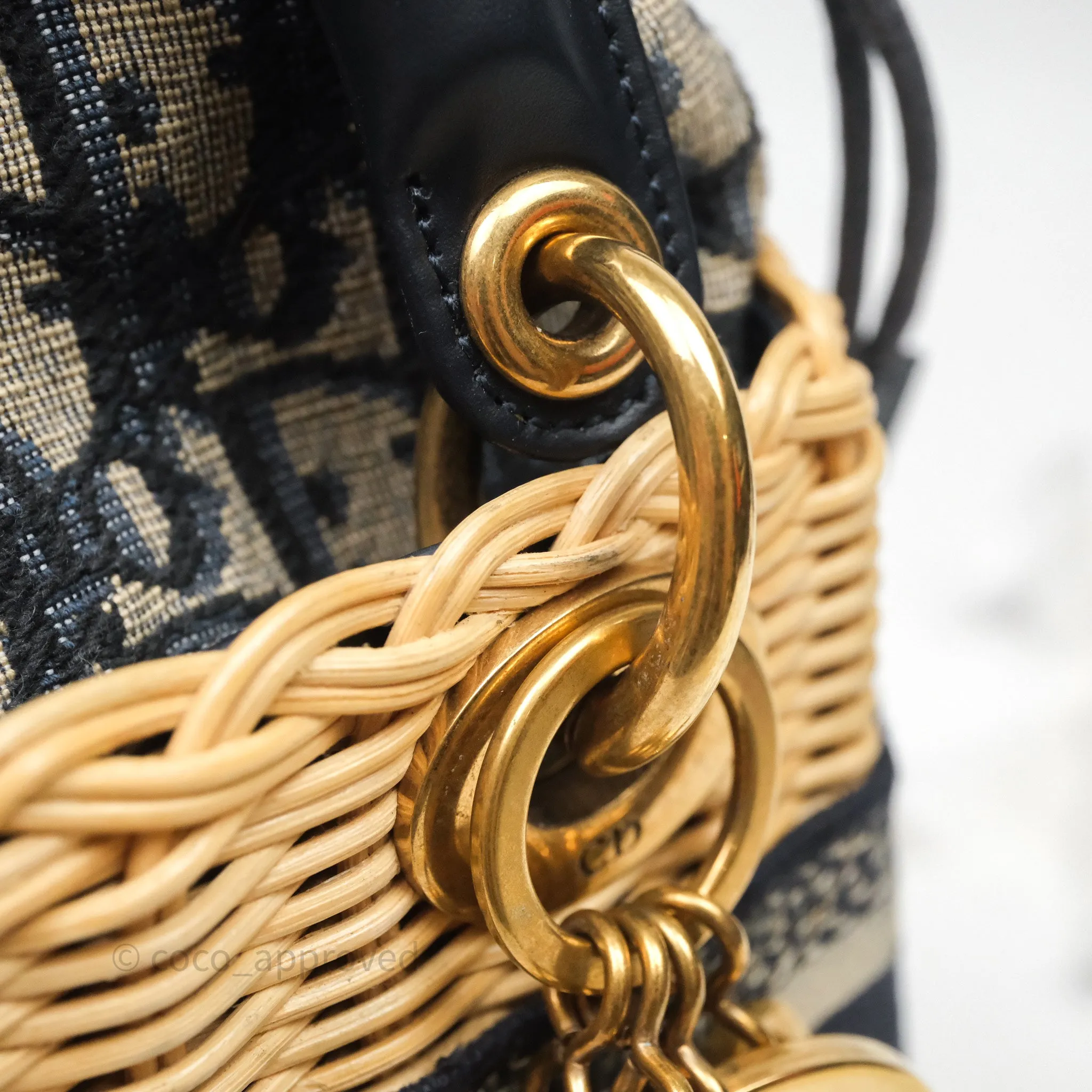 Christian Dior Mini Lady Dior Natural Rattan and Blue Dior Oblique Jacquard