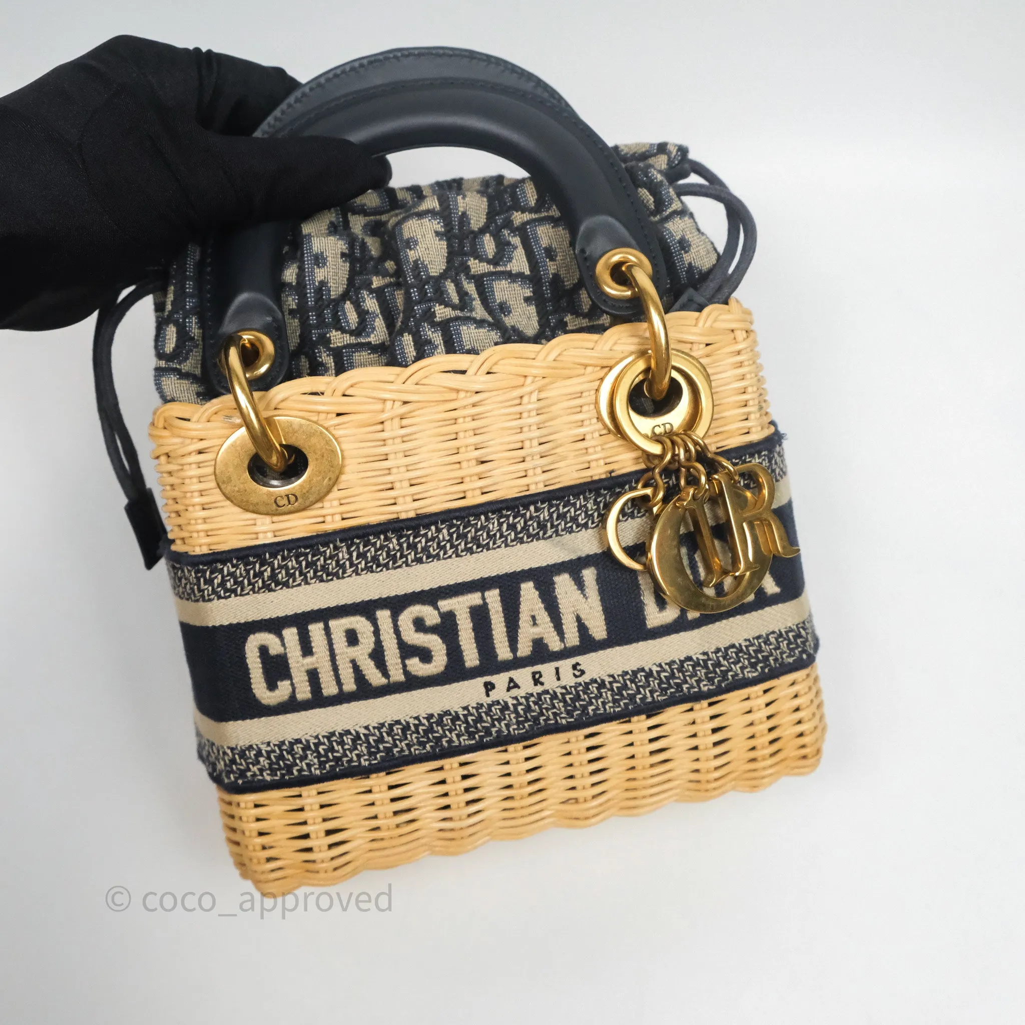 Christian Dior Mini Lady Dior Natural Rattan and Blue Dior Oblique Jacquard