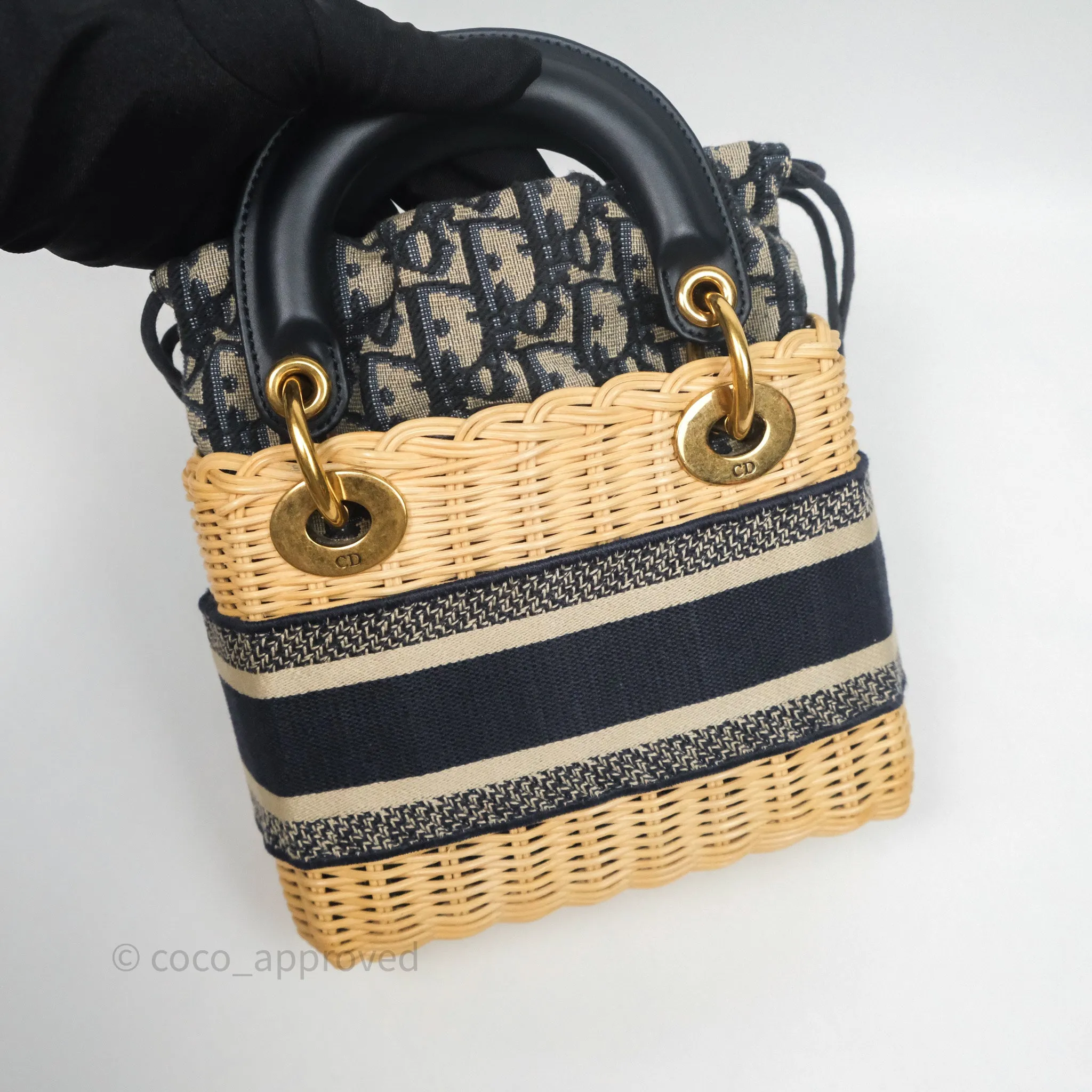 Christian Dior Mini Lady Dior Natural Rattan and Blue Dior Oblique Jacquard