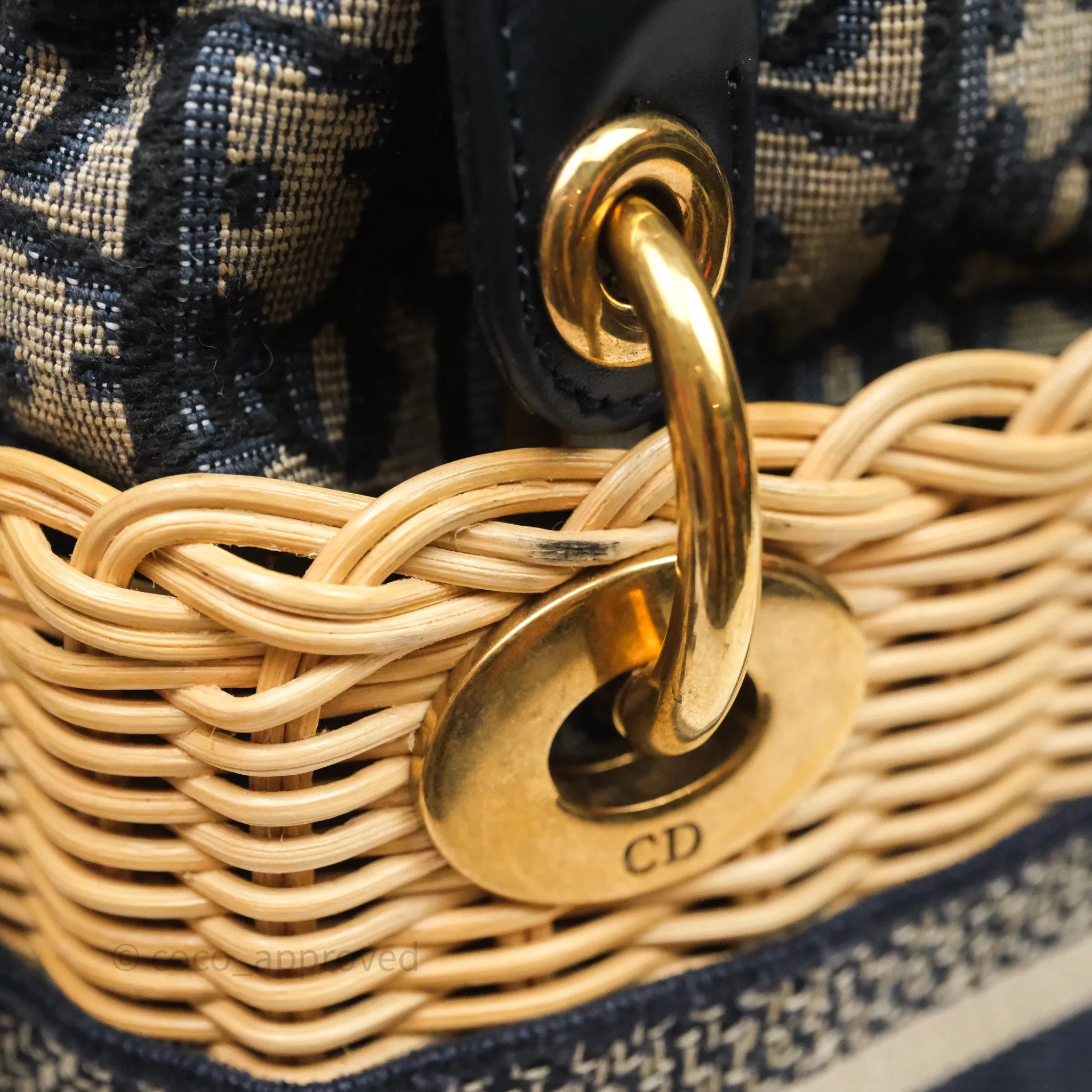 Christian Dior Mini Lady Dior Natural Rattan and Blue Dior Oblique Jacquard