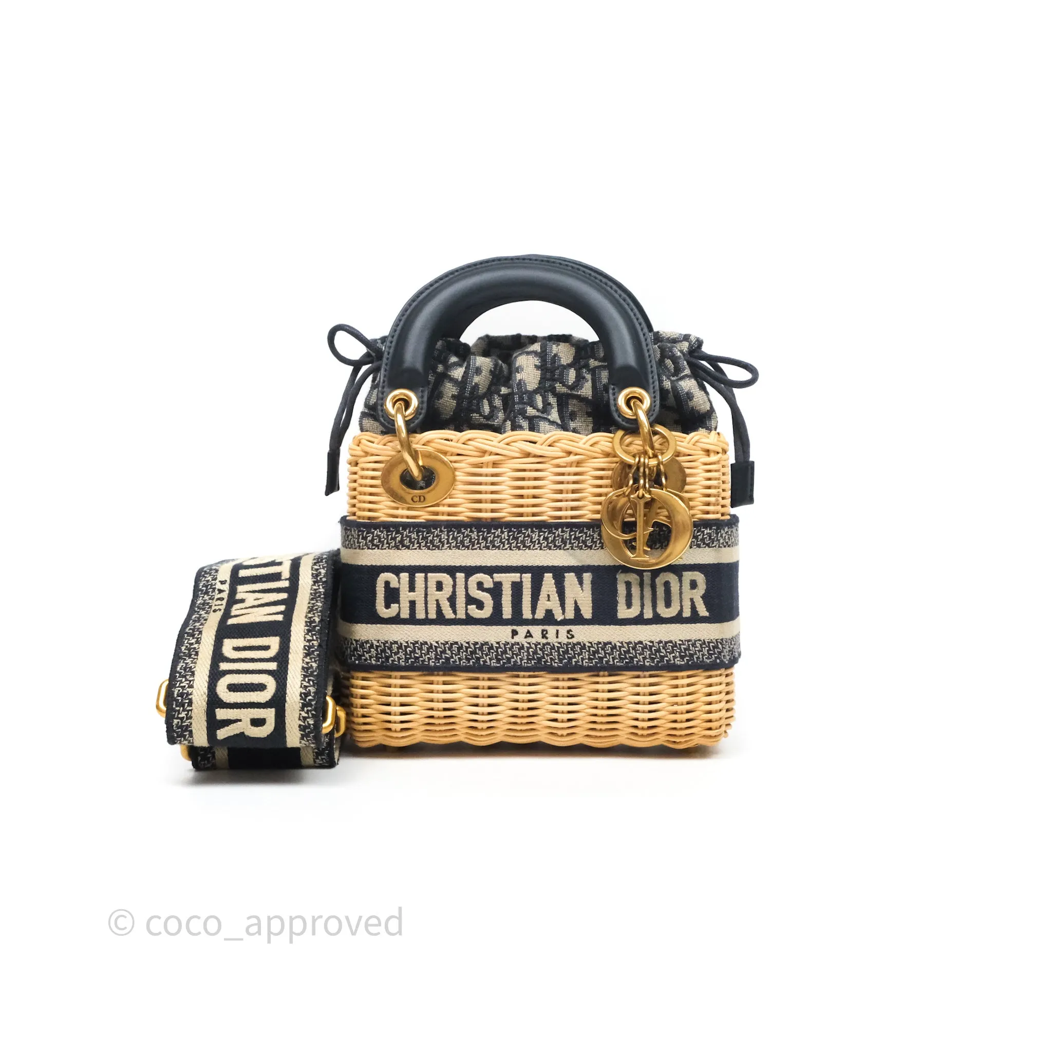 Christian Dior Mini Lady Dior Natural Rattan and Blue Dior Oblique Jacquard