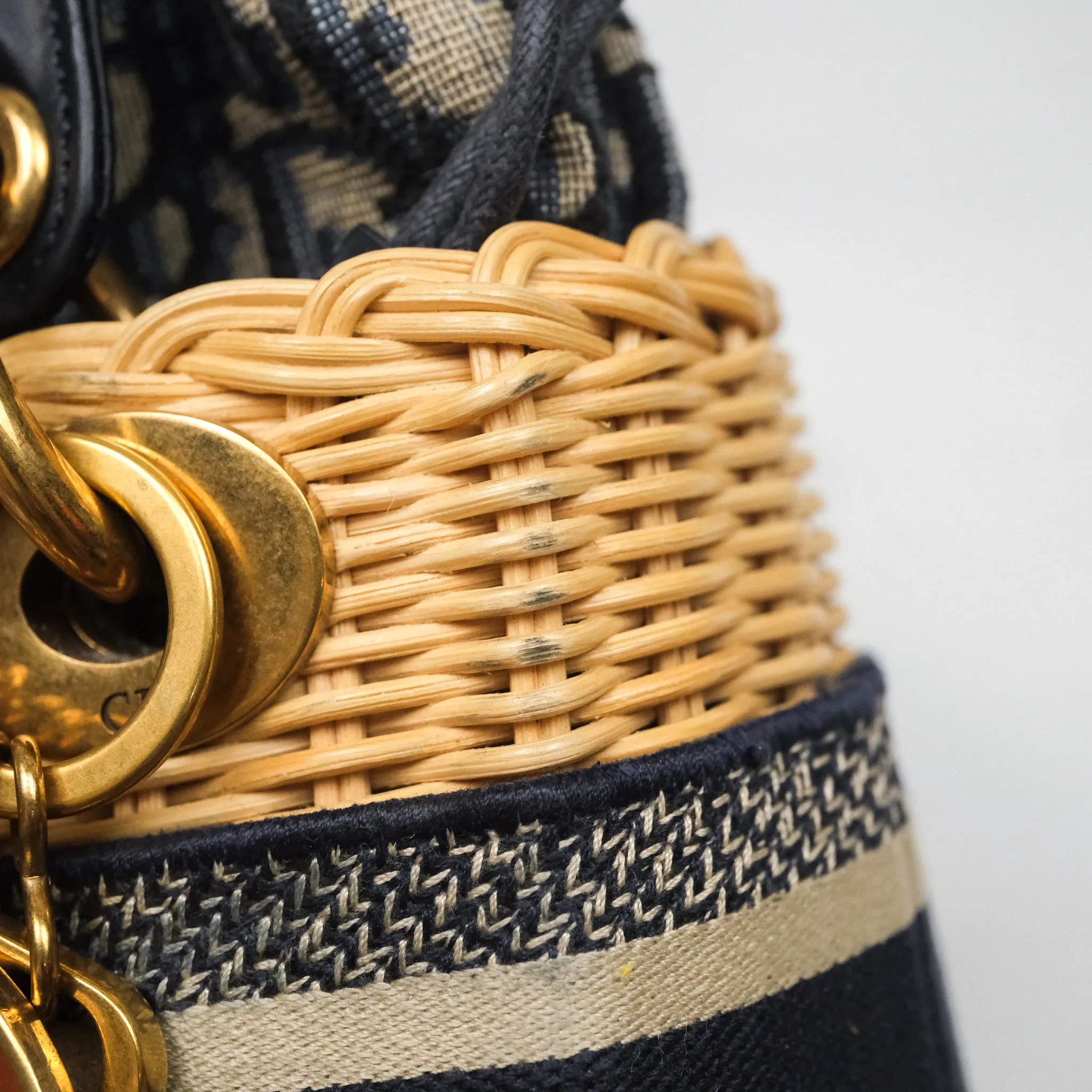 Christian Dior Mini Lady Dior Natural Rattan and Blue Dior Oblique Jacquard
