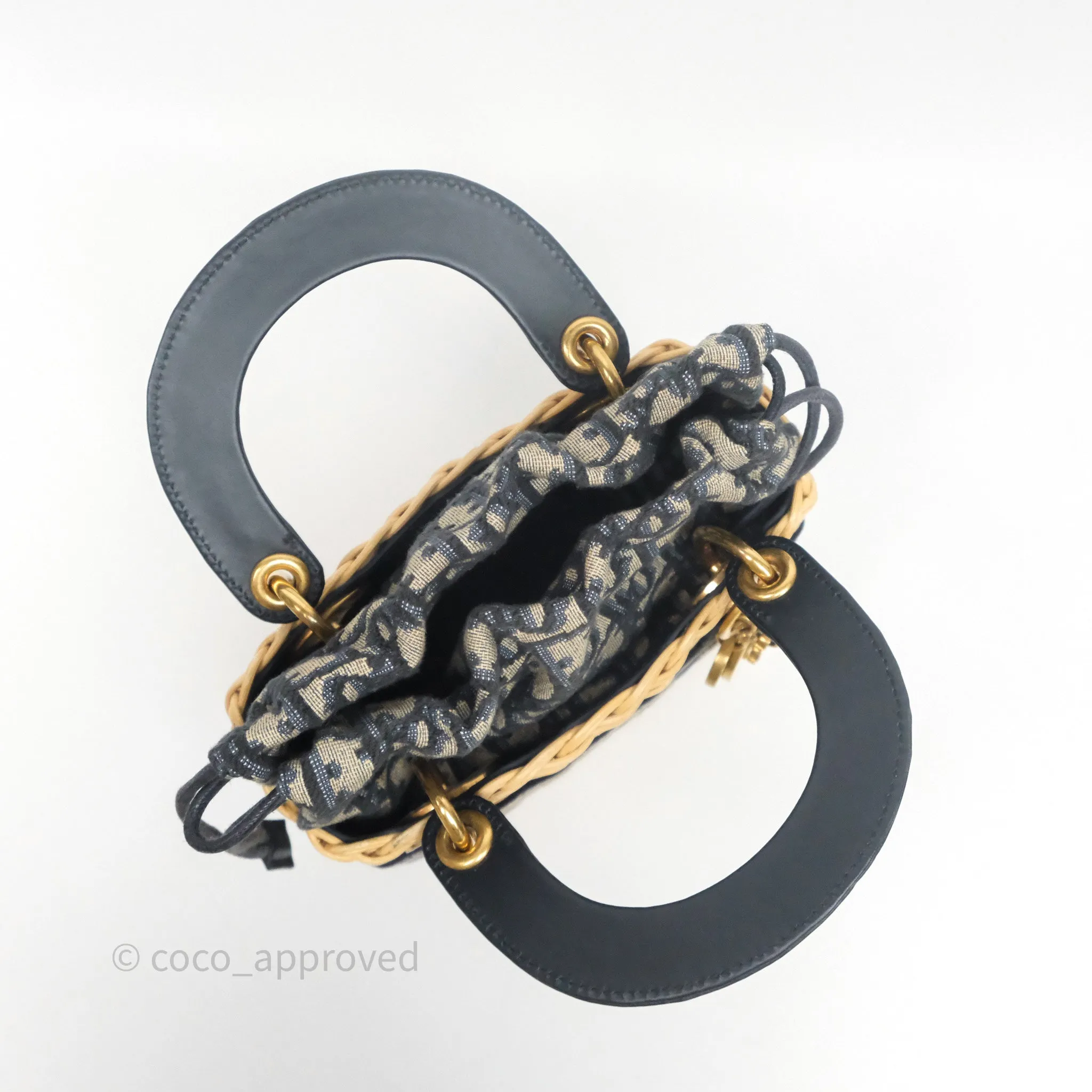Christian Dior Mini Lady Dior Natural Rattan and Blue Dior Oblique Jacquard