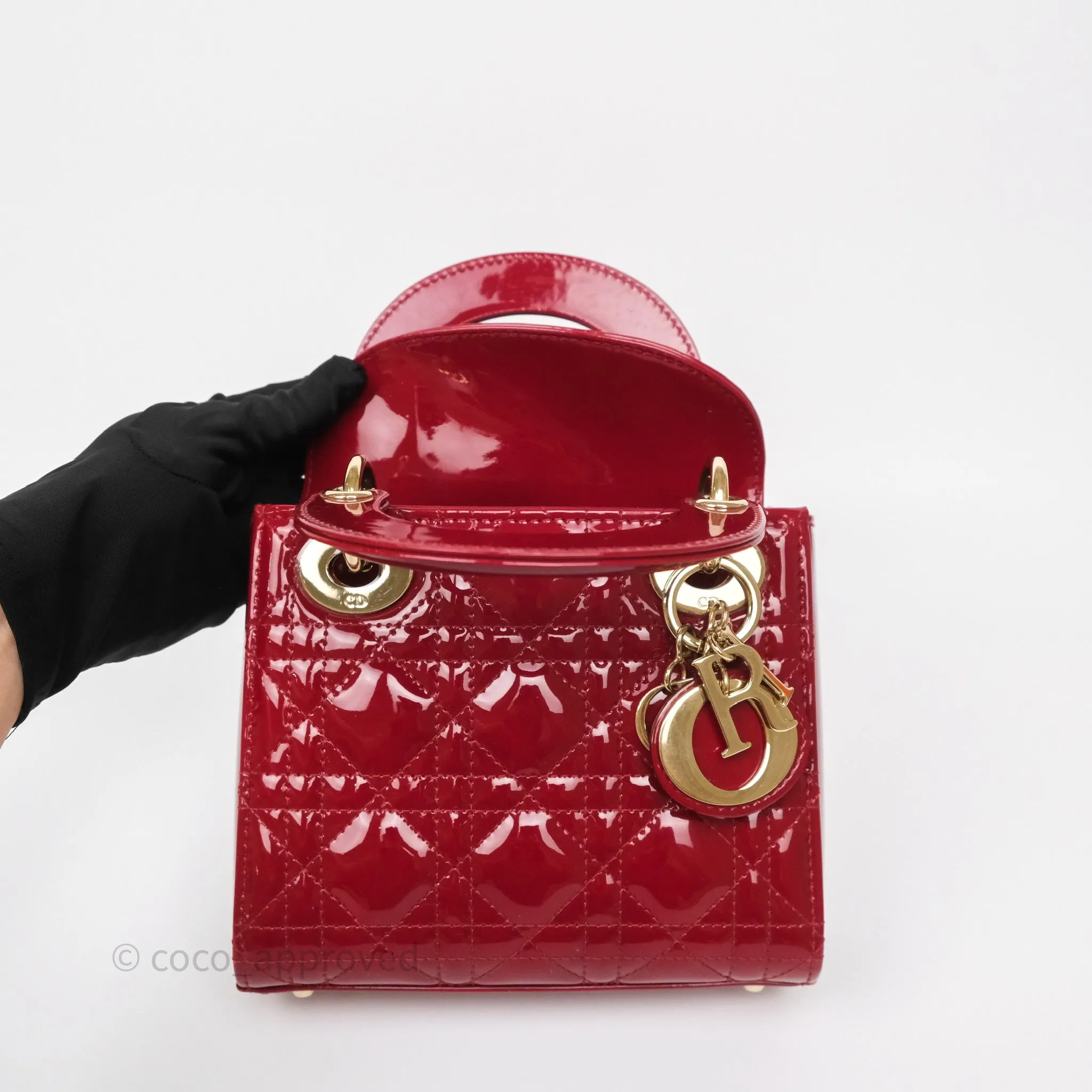 Christian Dior Mini Lady Dior Red Patent Cannage Gold Hardware