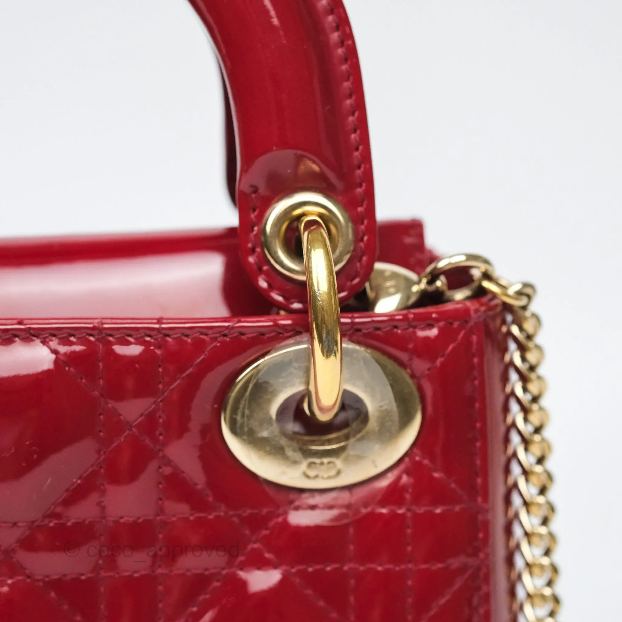 Christian Dior Mini Lady Dior Red Patent Cannage Gold Hardware