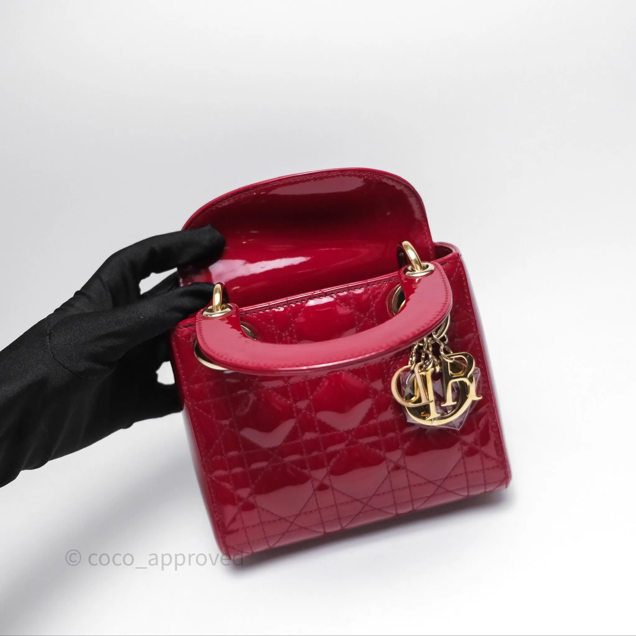 Christian Dior Mini Lady Dior Red Patent Cannage Gold Hardware