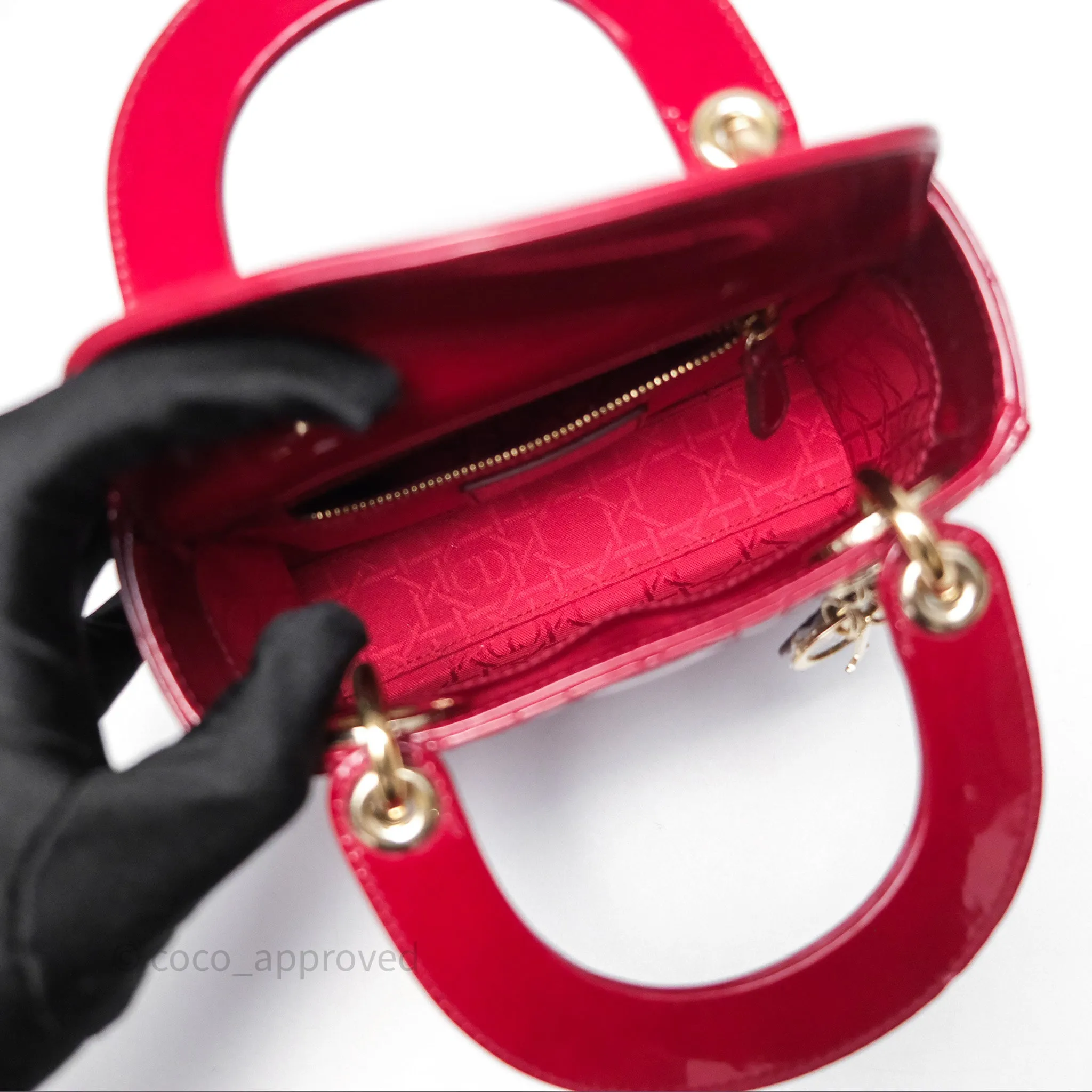 Christian Dior Mini Lady Dior Red Patent Cannage Gold Hardware
