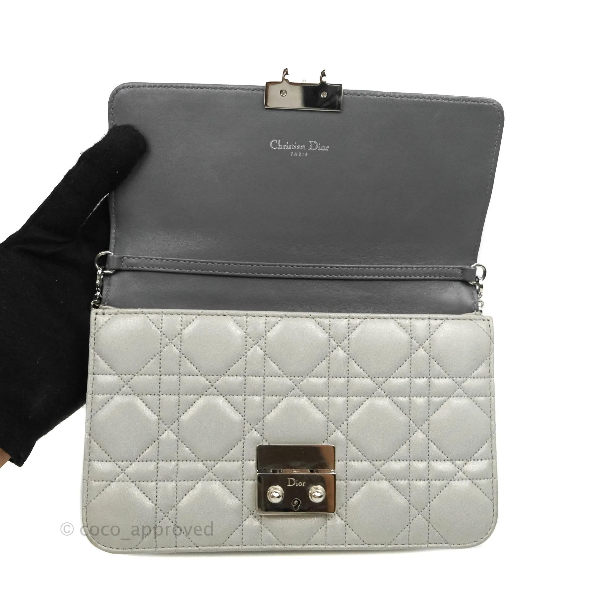 Christian Dior Miss Dior WOC Cannage Metallic Grey Silver Hardware