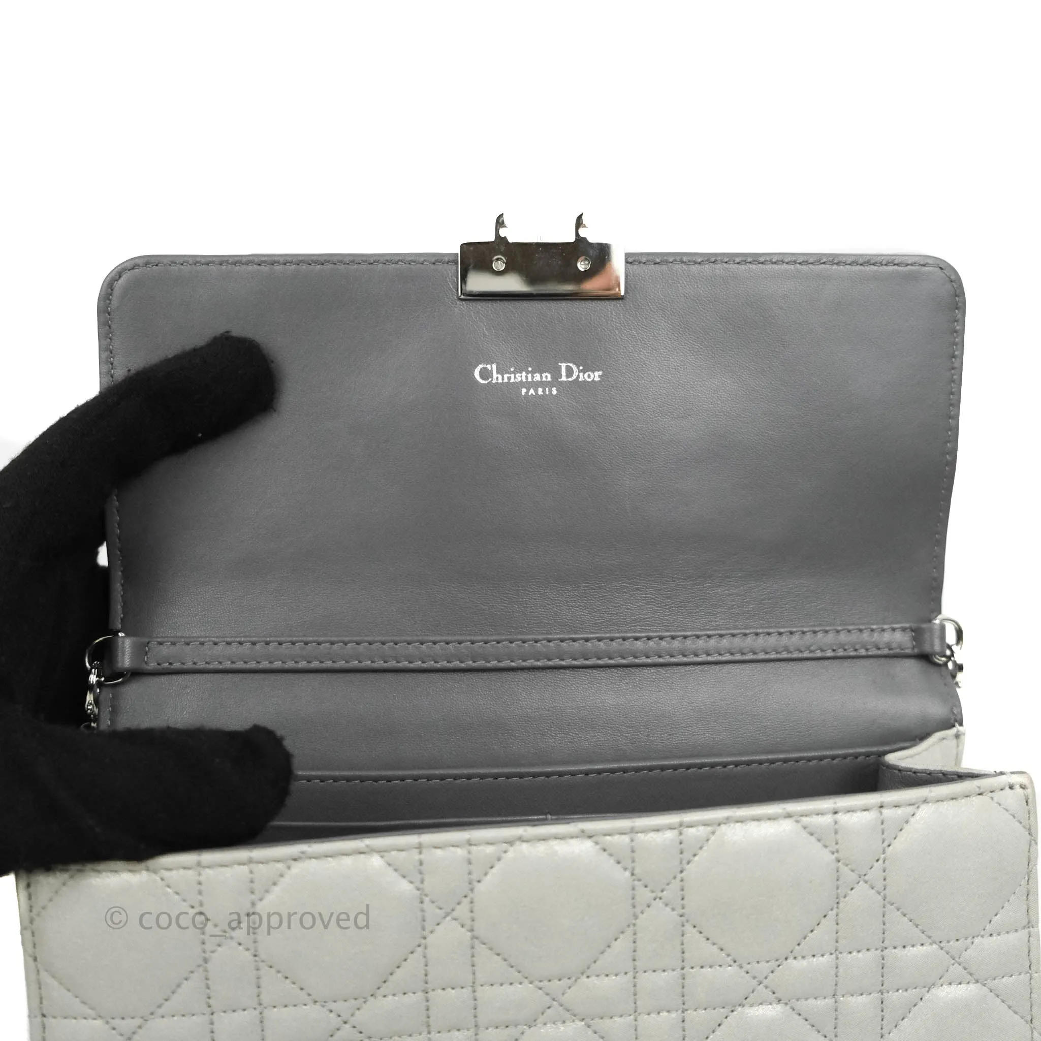 Christian Dior Miss Dior WOC Cannage Metallic Grey Silver Hardware