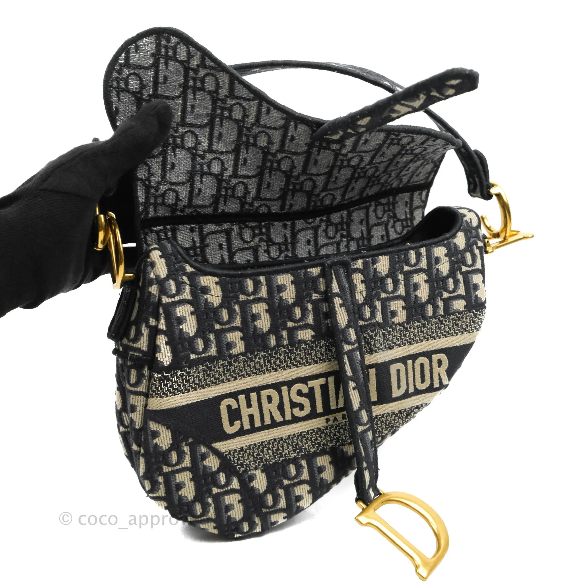 Christian Dior Navy Saddle Bag Dior Oblique Embroidery Gold Hardware