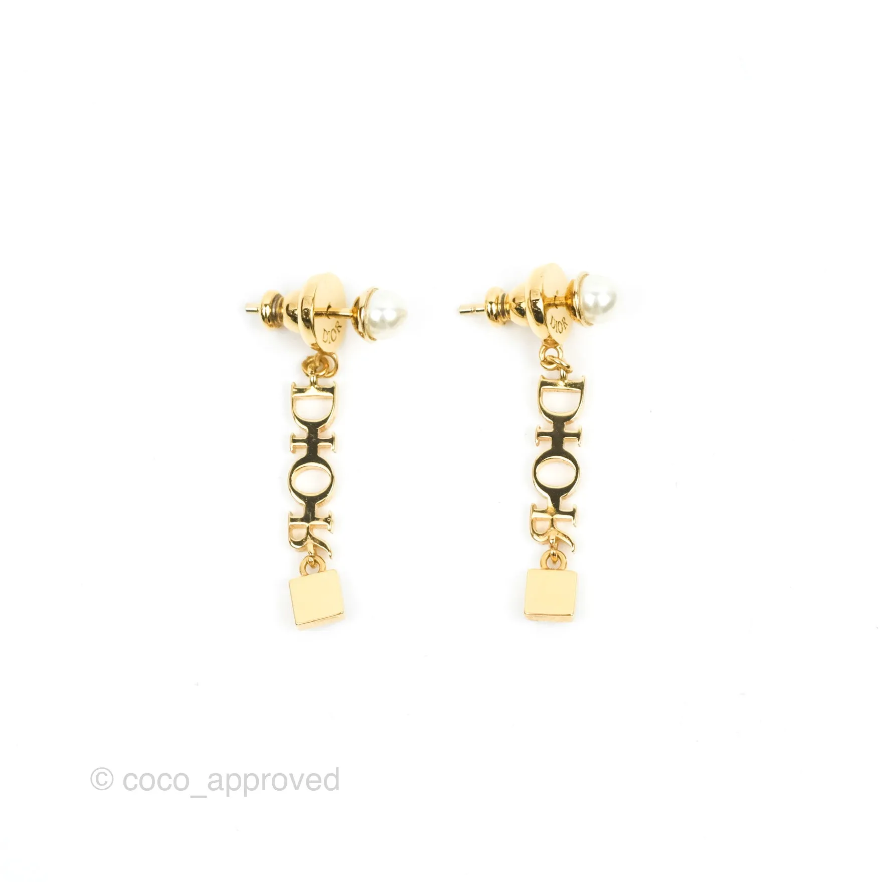 Christian Dior Pearl DIOR Resin Drop Earrings Gold Tone
