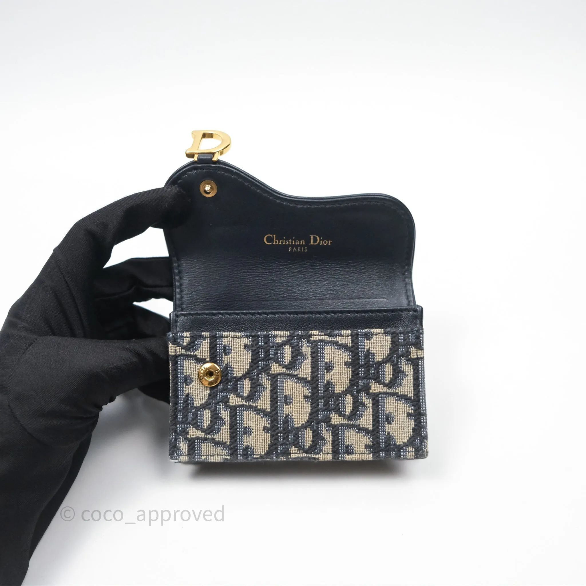 Christian Dior Saddle Flap Card Holder Blue Dior Oblique Jacquard