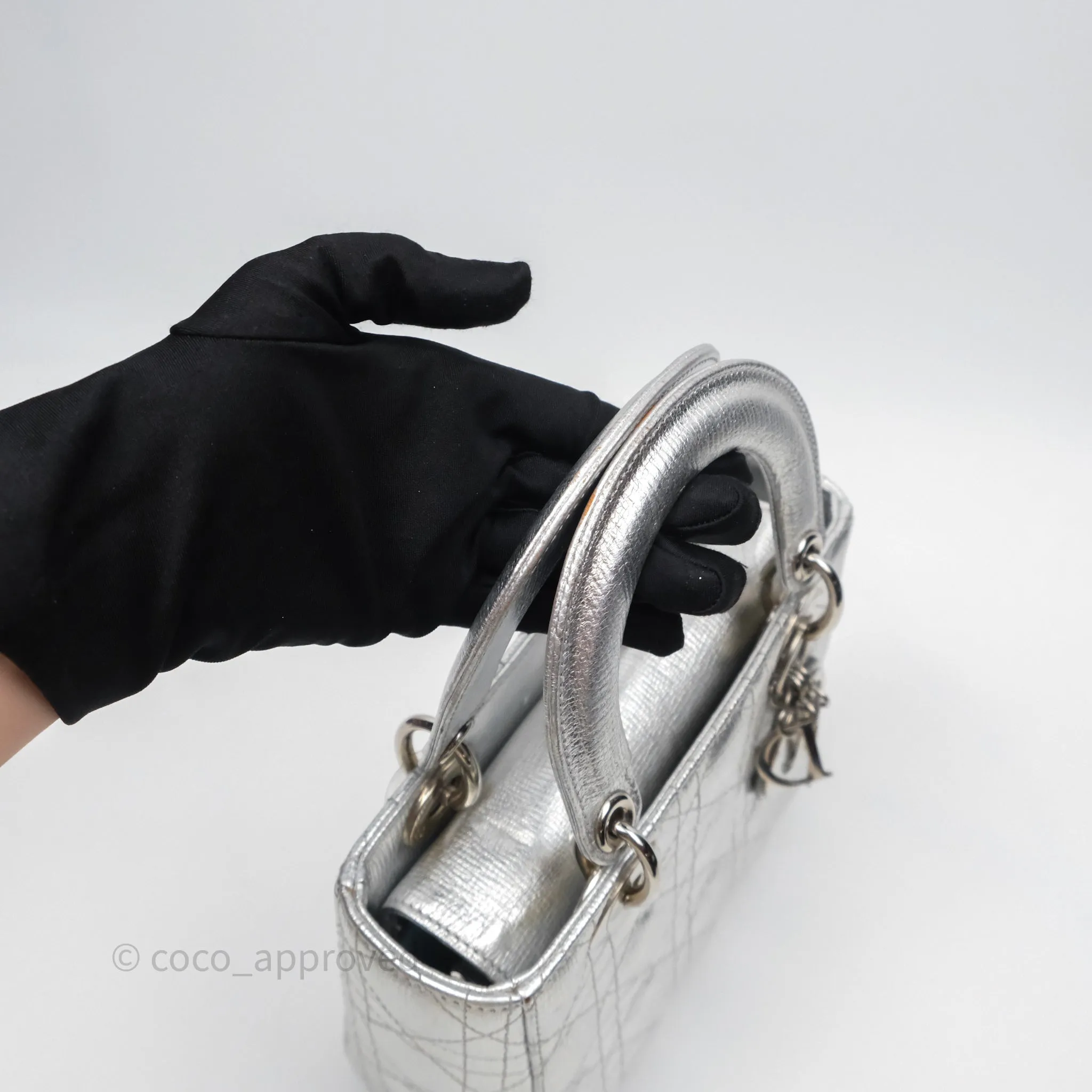 Christian Dior Small Lady Dior My ABCDior Silver Metallic Grained Calfskin Cannage