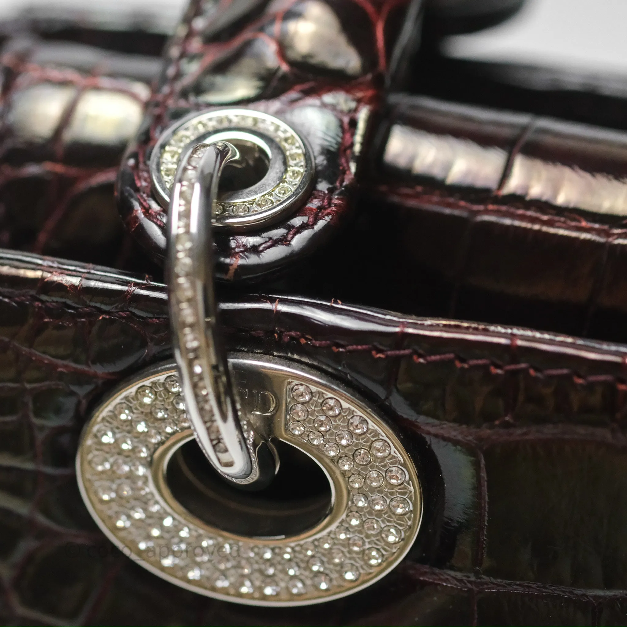 Christian Dior Small Lady Dior Shiny Crocodile Burgundy Diamond Hardware