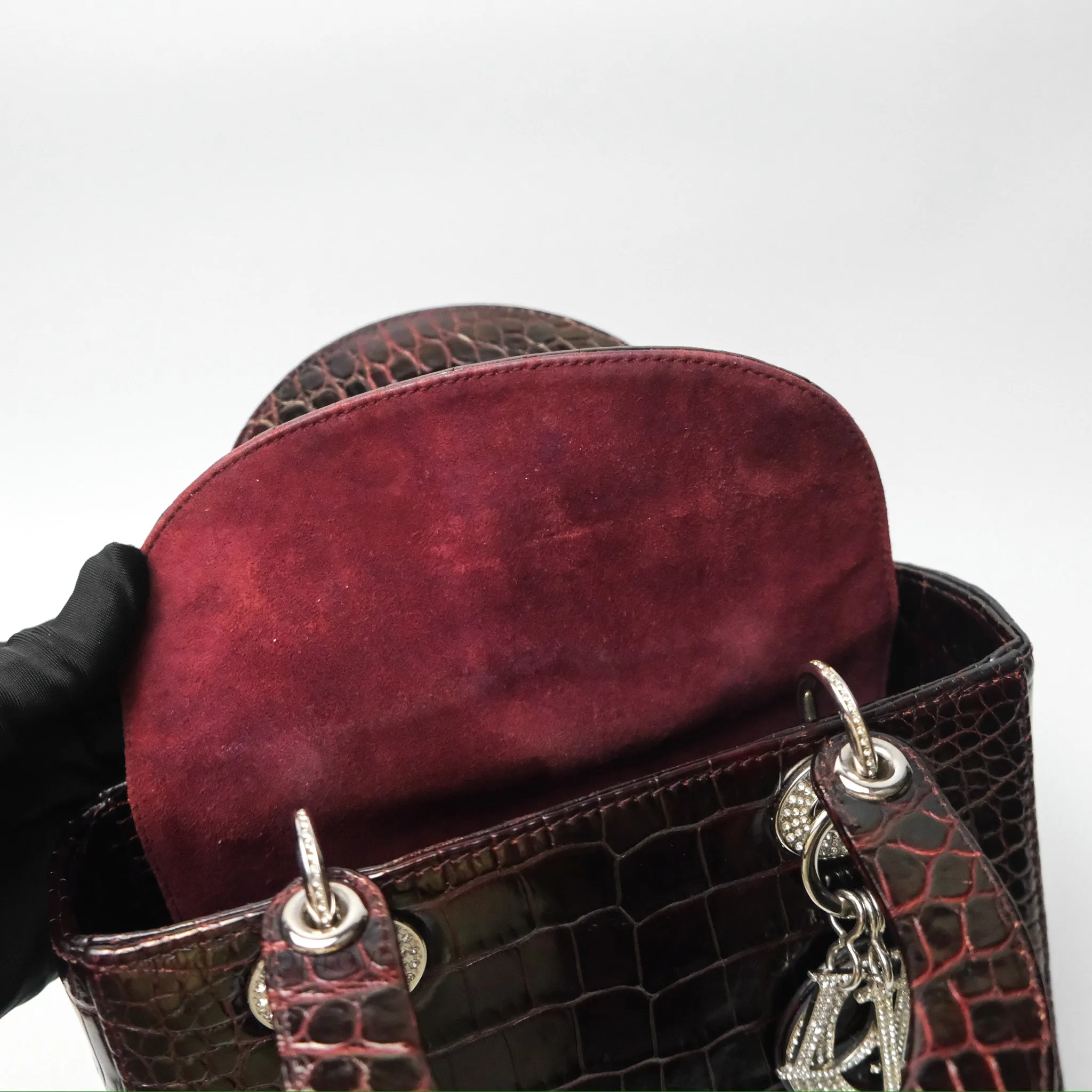 Christian Dior Small Lady Dior Shiny Crocodile Burgundy Diamond Hardware