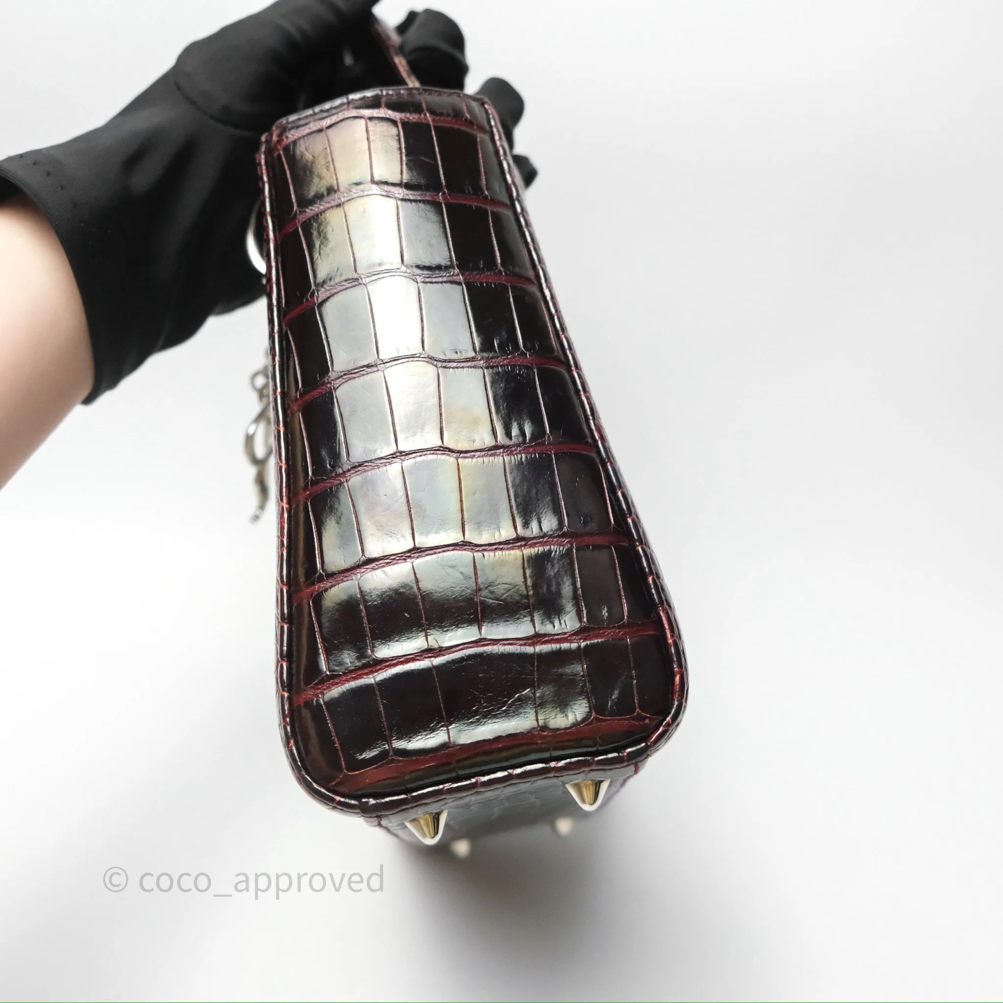 Christian Dior Small Lady Dior Shiny Crocodile Burgundy Diamond Hardware
