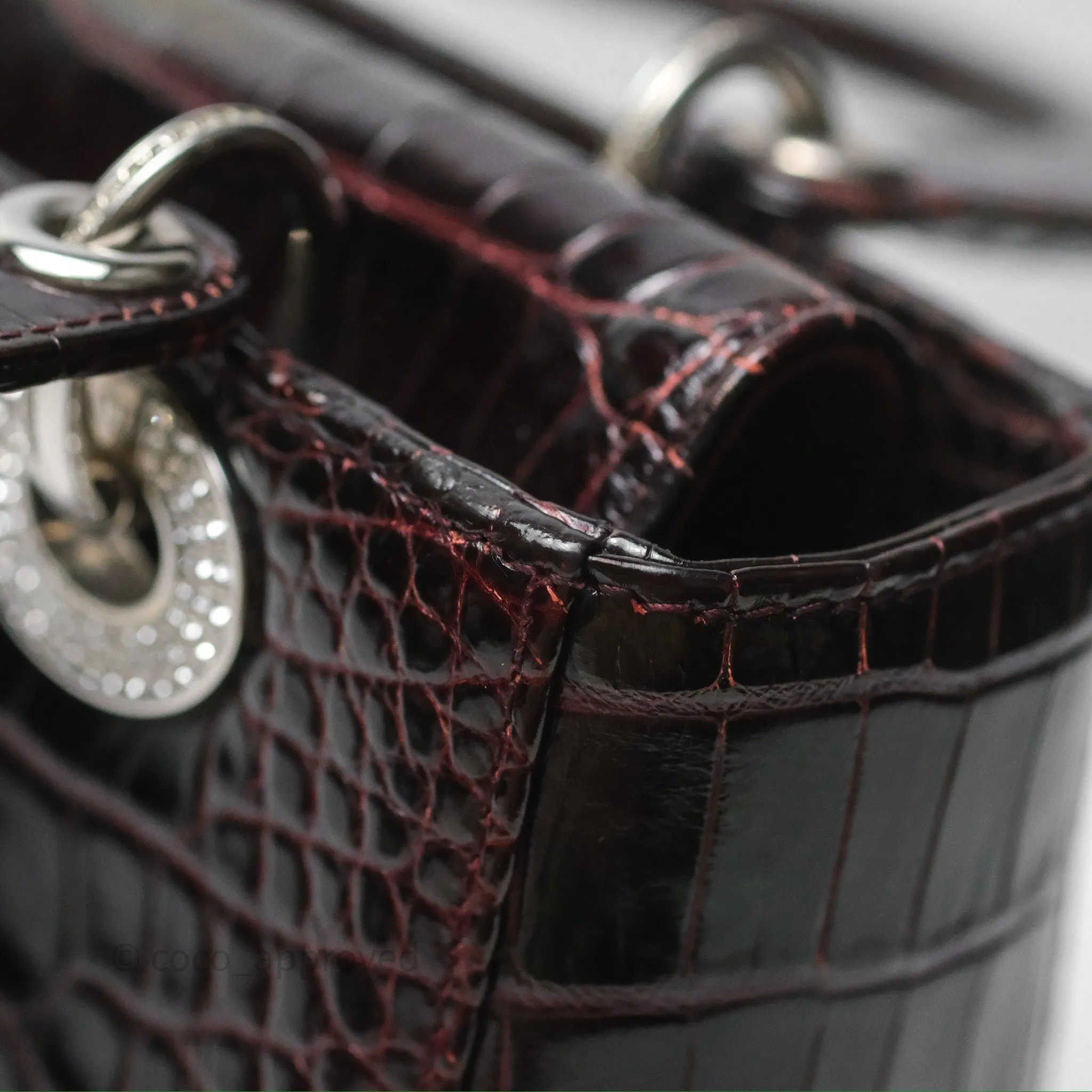 Christian Dior Small Lady Dior Shiny Crocodile Burgundy Diamond Hardware