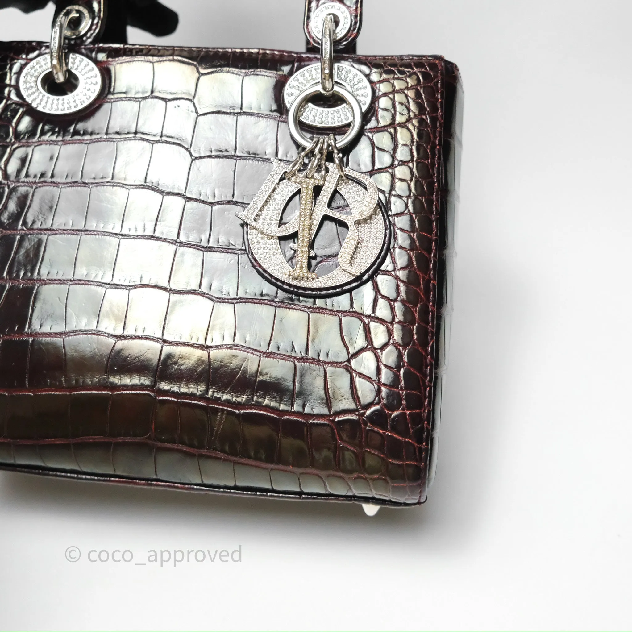 Christian Dior Small Lady Dior Shiny Crocodile Burgundy Diamond Hardware