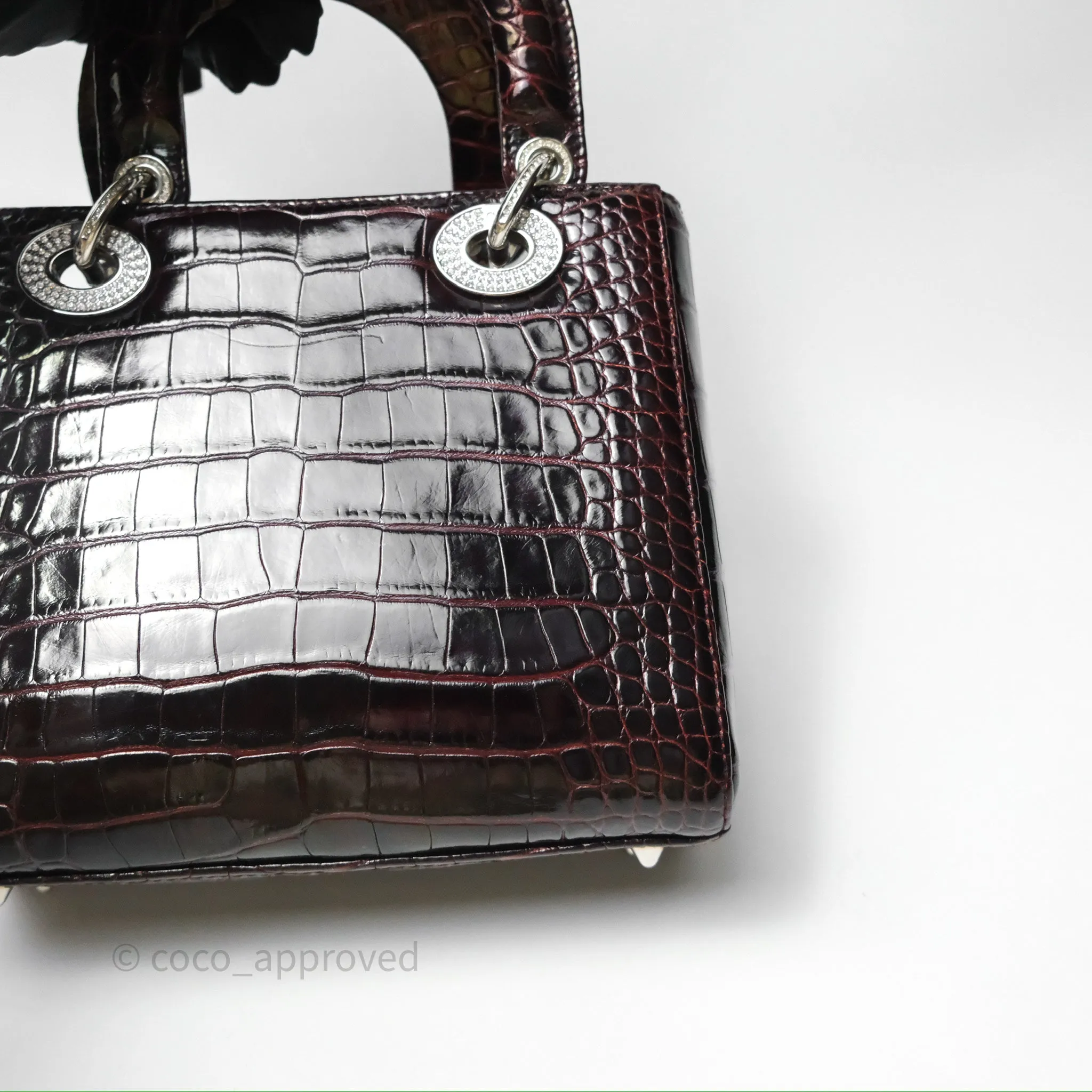 Christian Dior Small Lady Dior Shiny Crocodile Burgundy Diamond Hardware