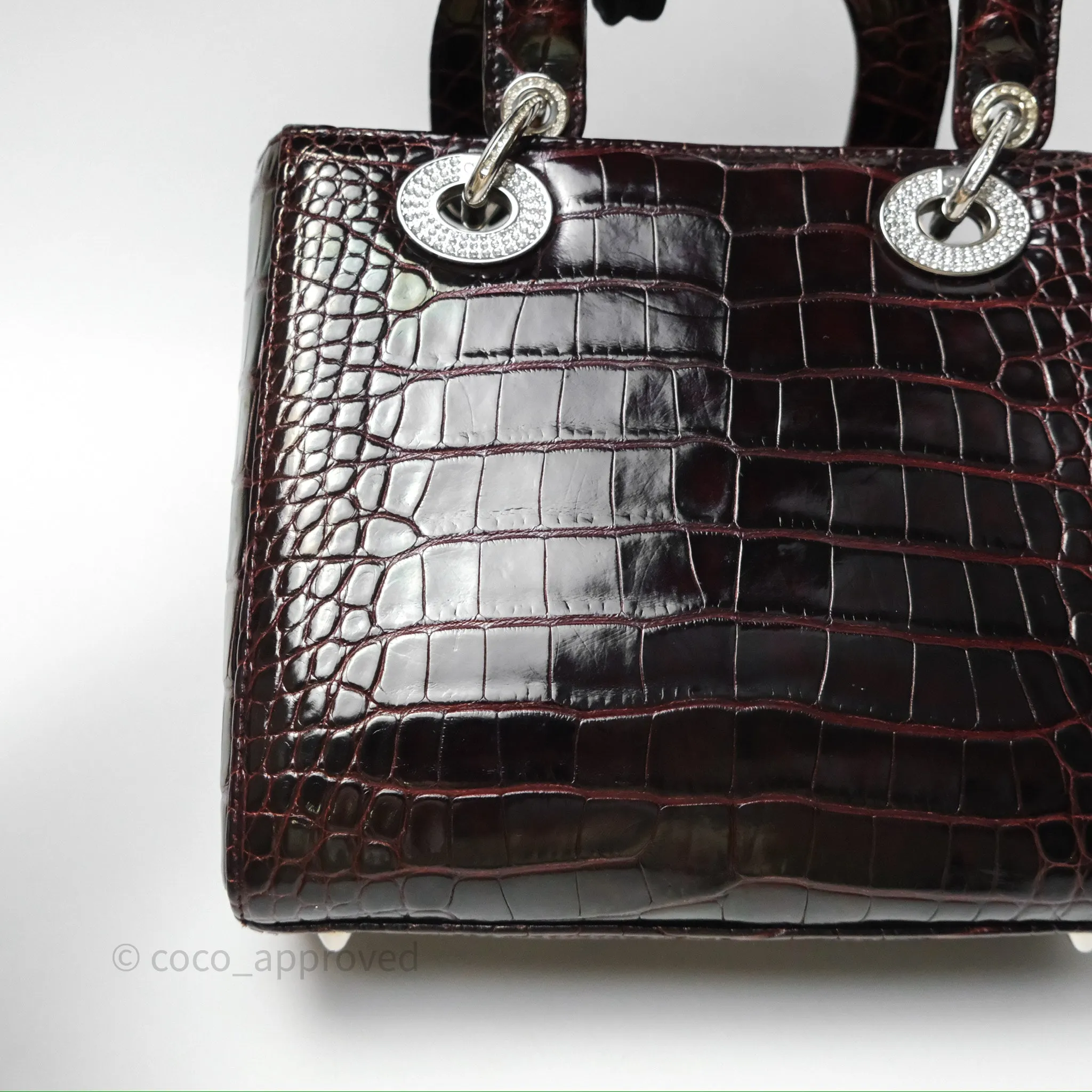 Christian Dior Small Lady Dior Shiny Crocodile Burgundy Diamond Hardware