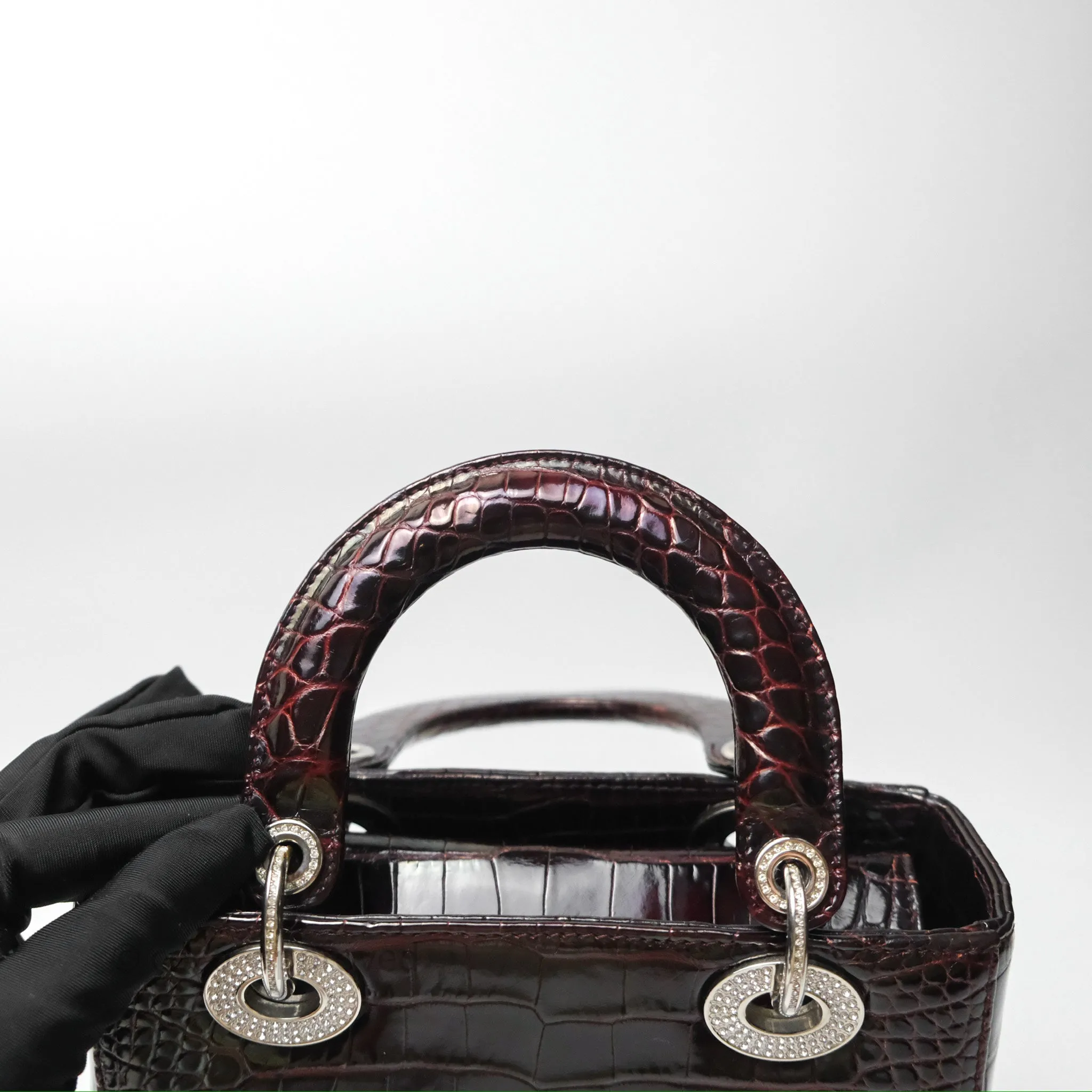 Christian Dior Small Lady Dior Shiny Crocodile Burgundy Diamond Hardware