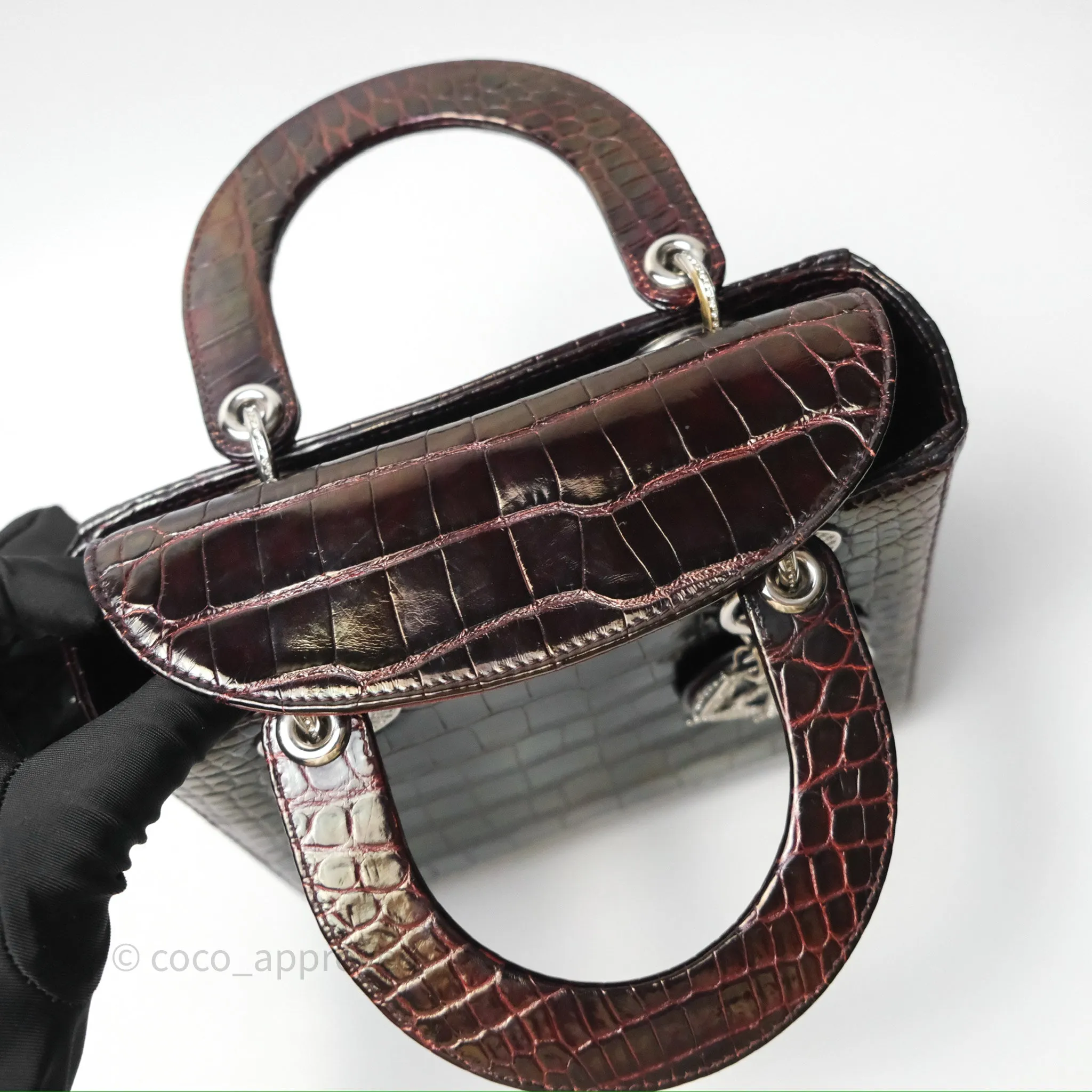Christian Dior Small Lady Dior Shiny Crocodile Burgundy Diamond Hardware