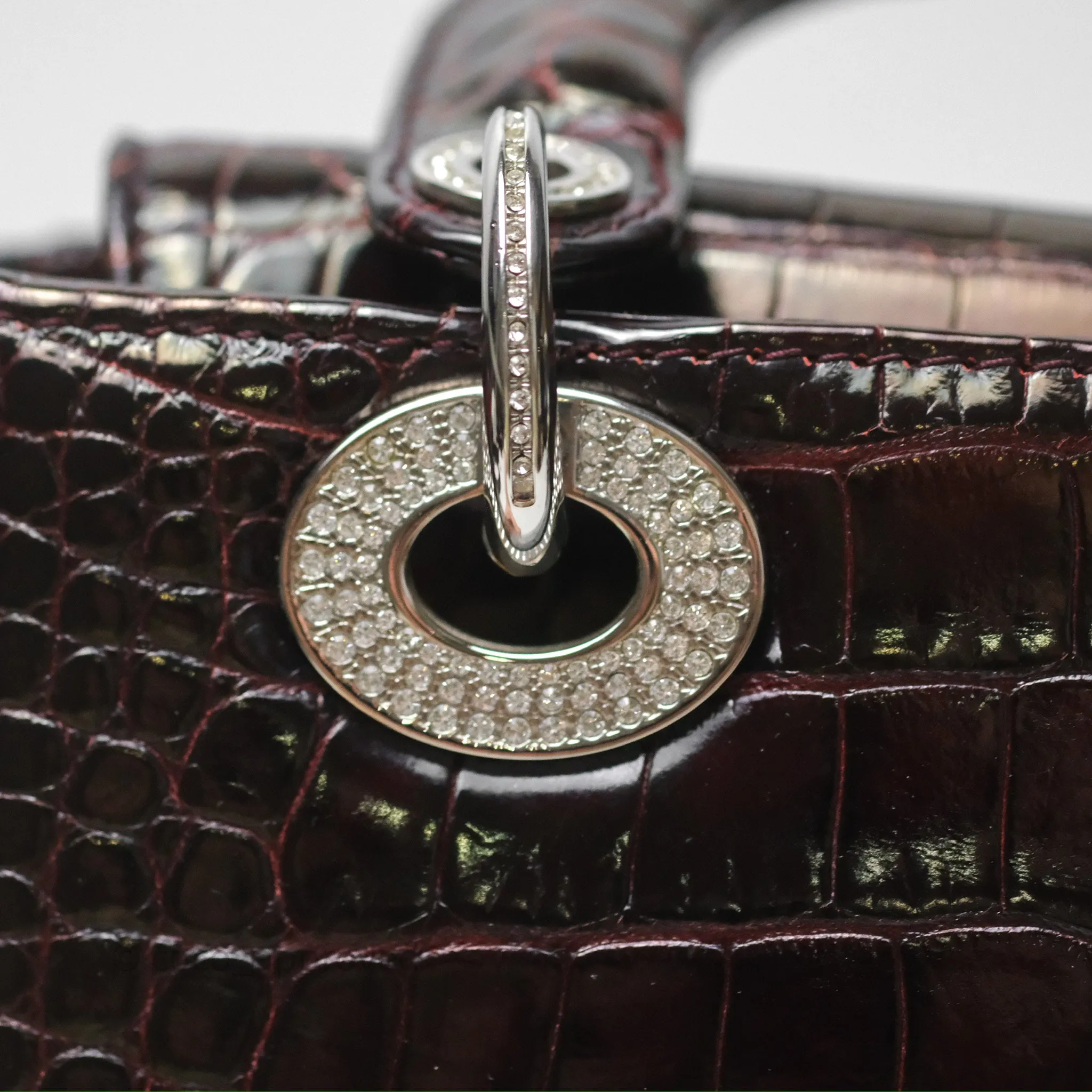 Christian Dior Small Lady Dior Shiny Crocodile Burgundy Diamond Hardware