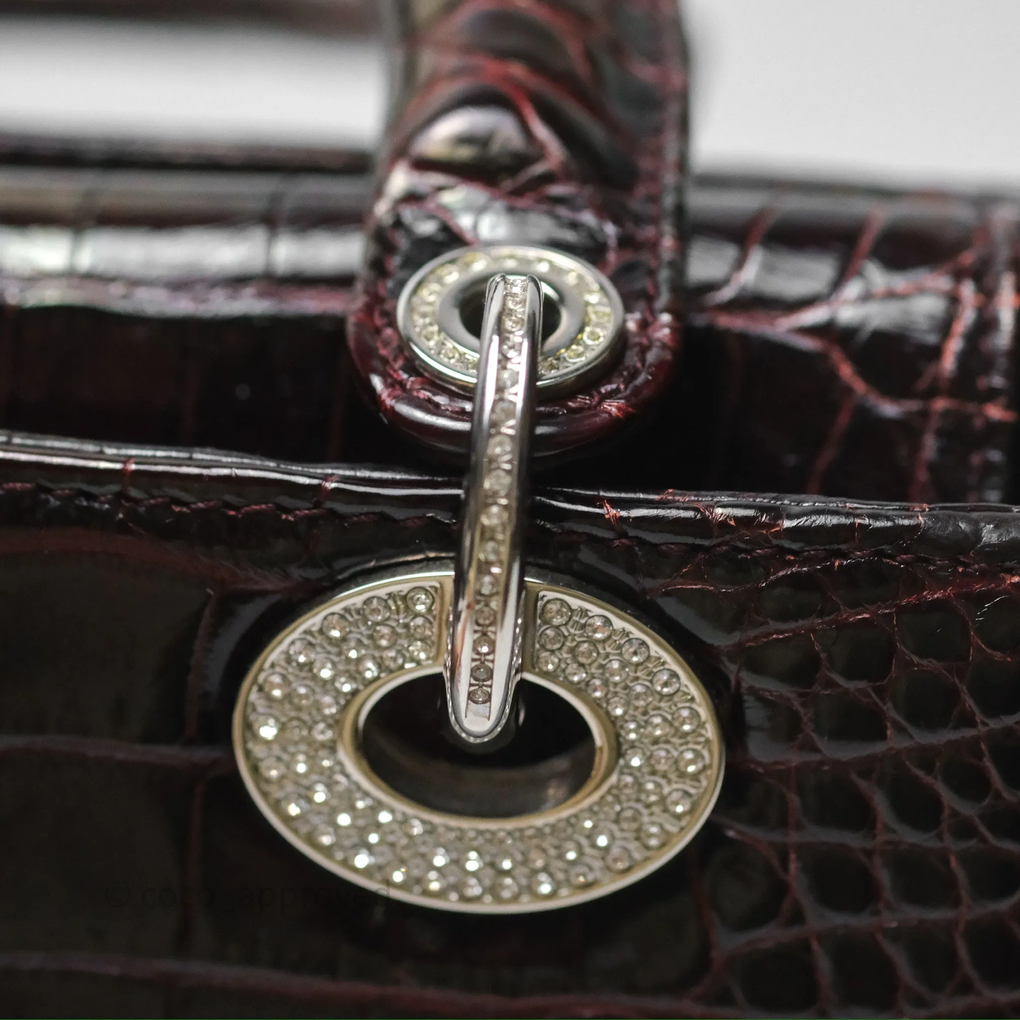 Christian Dior Small Lady Dior Shiny Crocodile Burgundy Diamond Hardware