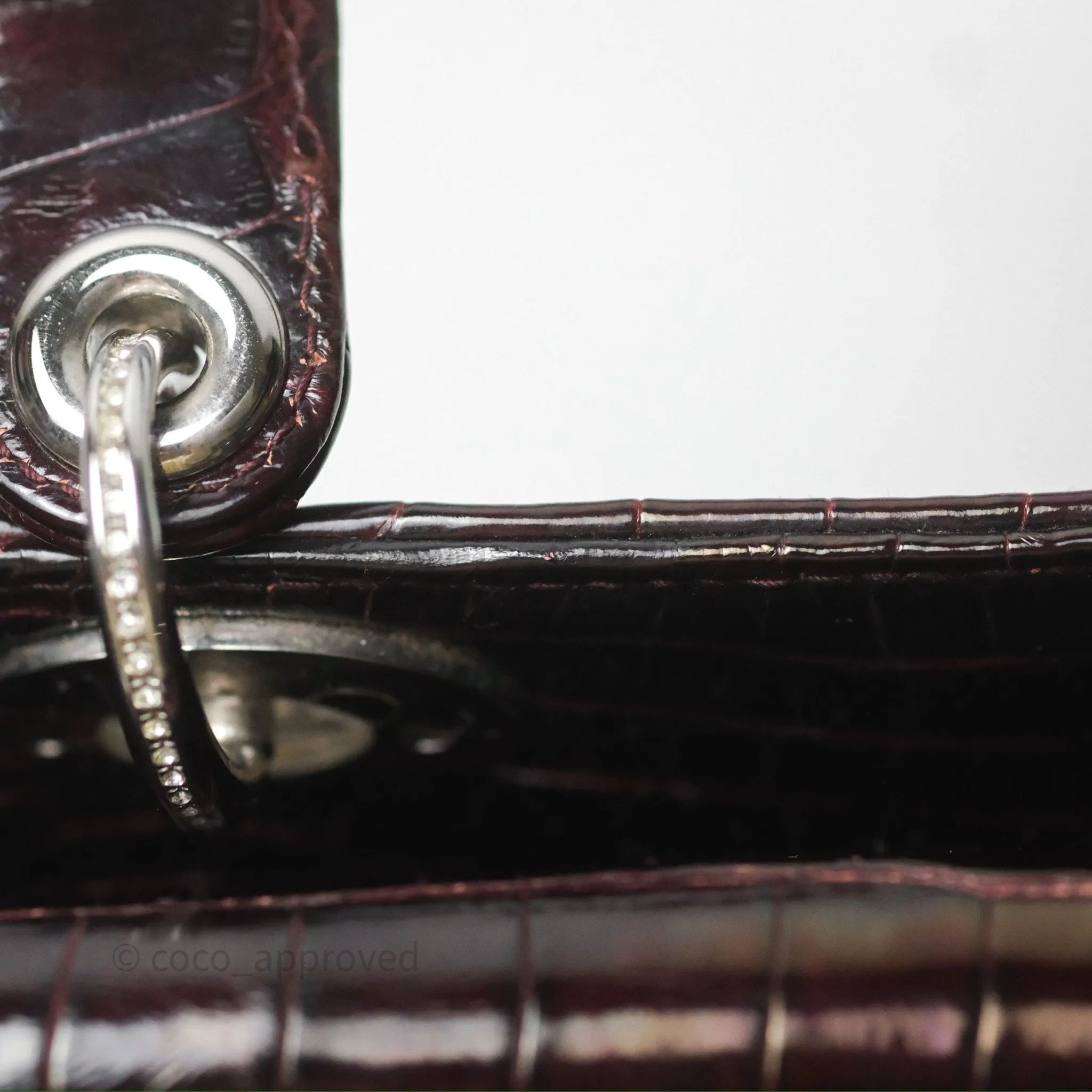 Christian Dior Small Lady Dior Shiny Crocodile Burgundy Diamond Hardware