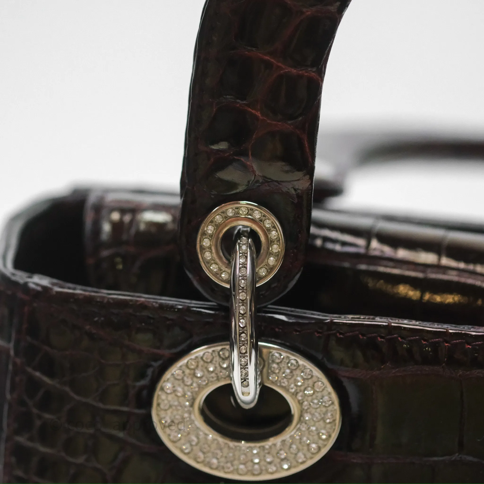 Christian Dior Small Lady Dior Shiny Crocodile Burgundy Diamond Hardware