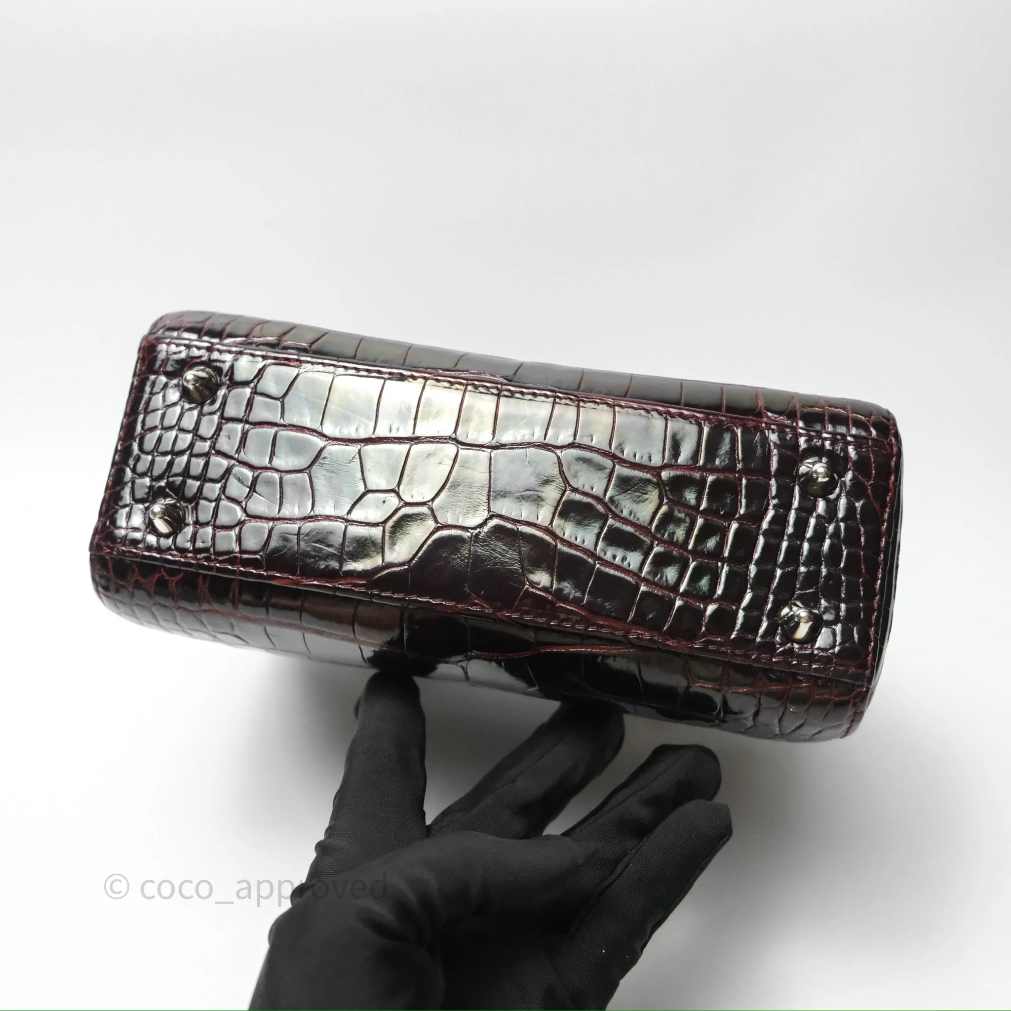 Christian Dior Small Lady Dior Shiny Crocodile Burgundy Diamond Hardware