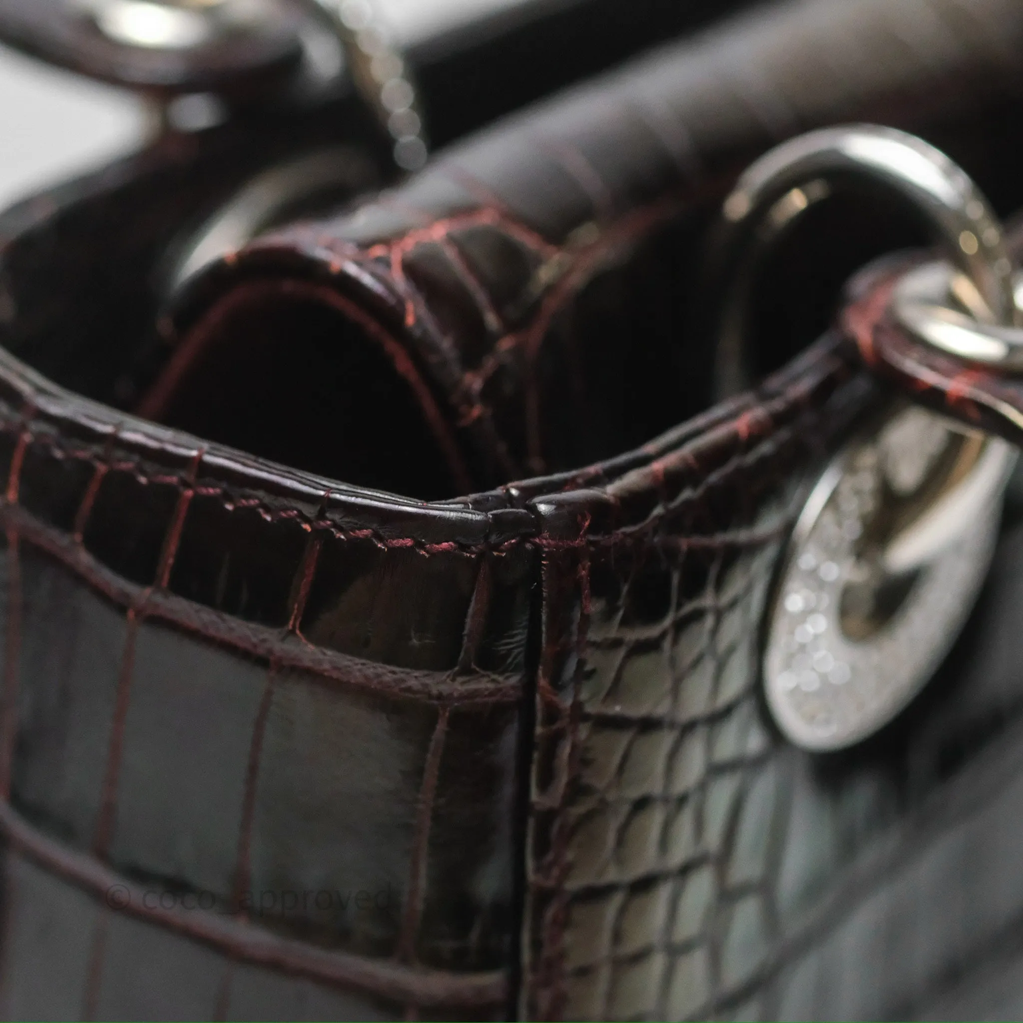 Christian Dior Small Lady Dior Shiny Crocodile Burgundy Diamond Hardware